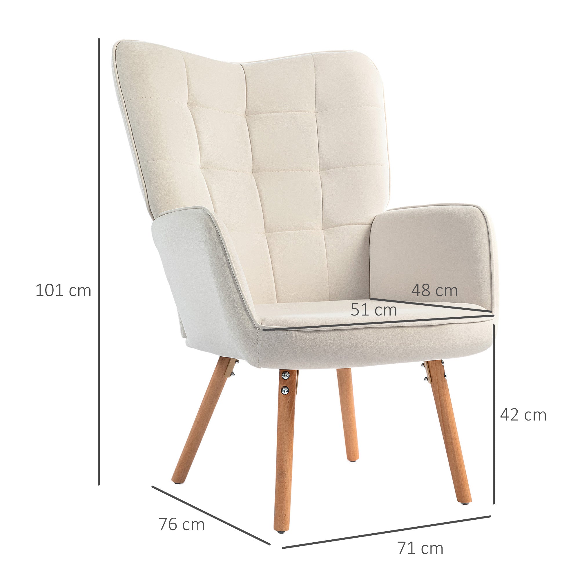 HOMCOM Modern Accent Chair Velvet-Touch Tufted Wingback Armchair Upholstered Leisure Lounge Sofa Club Chair with Wood Legs, Cream White - North Peak Garden Furniture