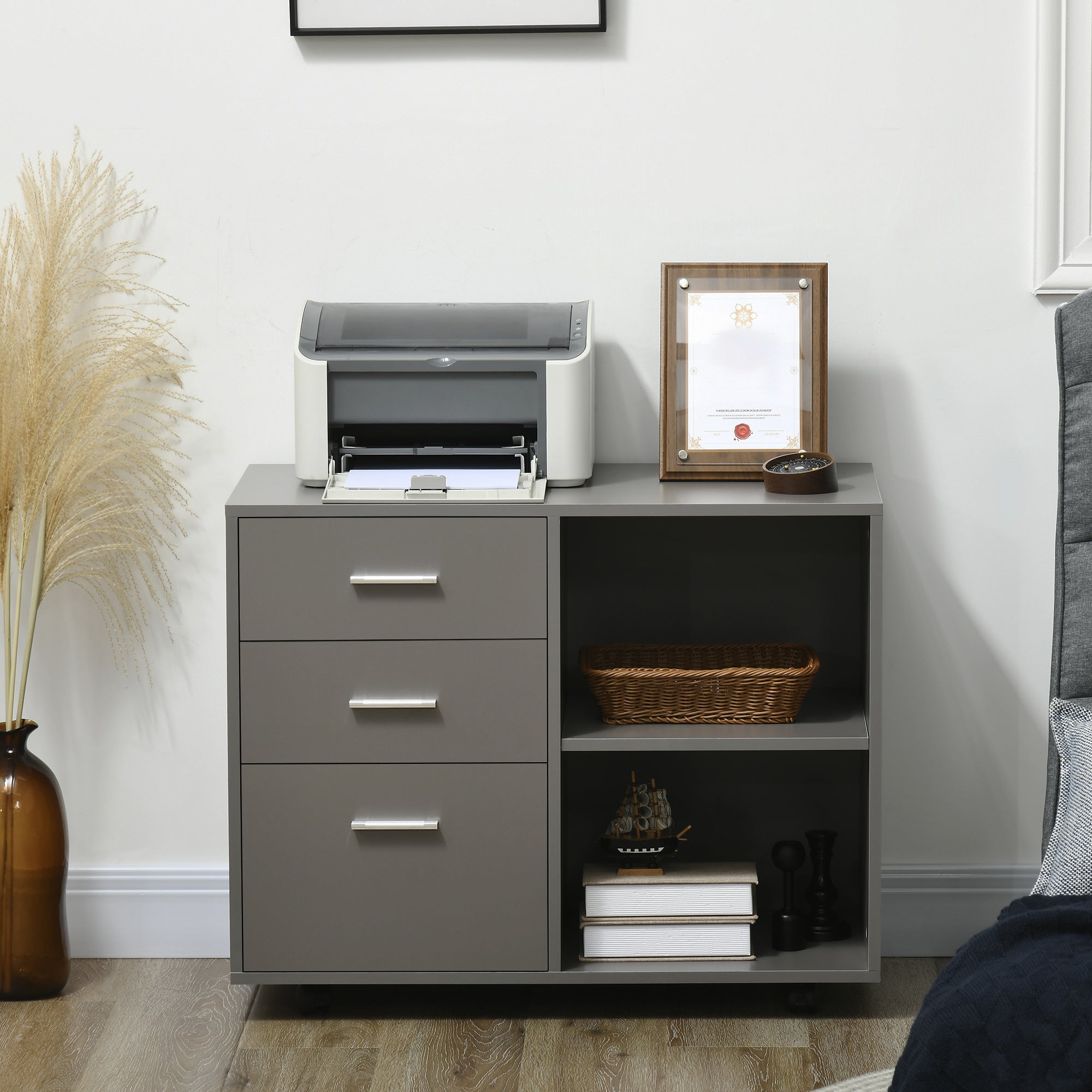 HOMCOM Freestanding Printer Stand Unit Office Desk Side Mobile Storage w/ Wheels 3 Drawers, 2 Open Shelves Modern Style 80L x 40W x 65H cm - Grey - North Peak Garden Furniture