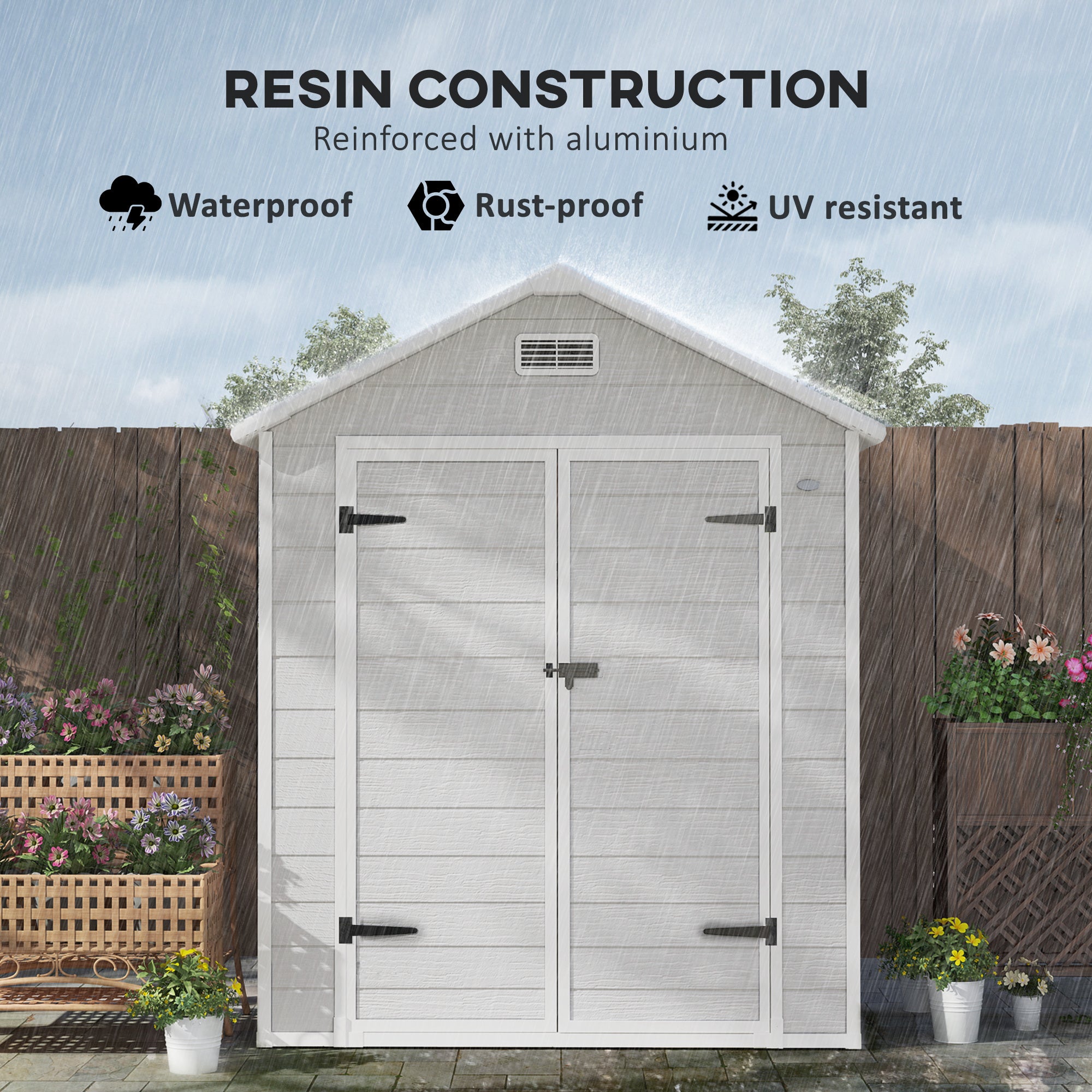 Outsunny 6 x 5ft Garden Shed, Plastic Shed with Floor, Window, Lockable Doors and Vents, Wood Effect Resin Tool Shed for Outdoor Patio, Light Grey - North Peak Garden Furniture
