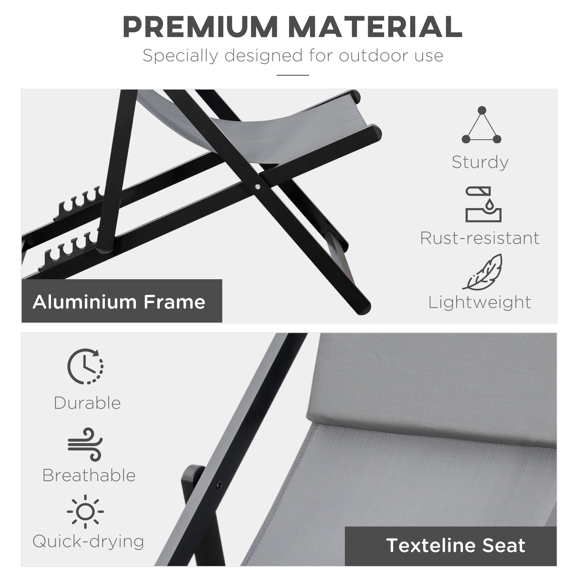 Outsunny Set of 2 Folding Garden Beach Aluminium Frame Deck Chairs Deckchairs Seaside Folding Garden Patio Lounger, Grey - North Peak Garden Furniture