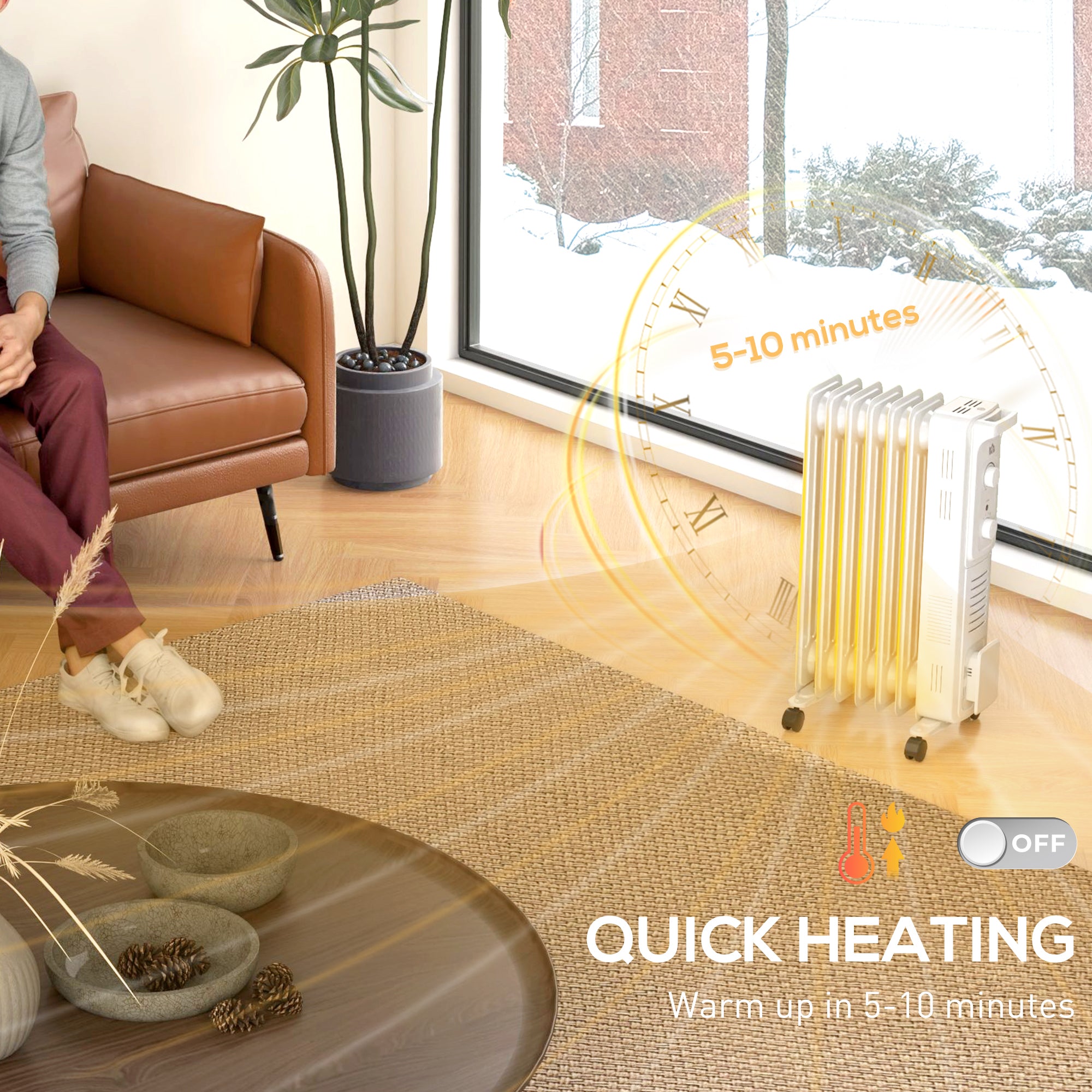 HOMCOM 1500W Quiet Oil Filled Radiator, 7 Fin Energy Efficient Portable Electric Heater with 3 Heat Settings, Adjustable Thermostat, Safety Tip Over, Overheat Protection, for Home, White - North Peak Garden Furniture