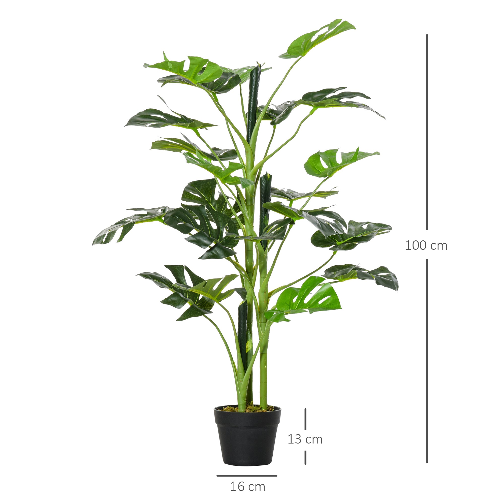 Outsunny 100cm/3.3FT Artificial Monstera Tree Decorative Cheese Plant 21 Leaves with Nursery Pot, Fake Tropical Palm Tree for Indoor Outdoor Décor - North Peak Garden Furniture
