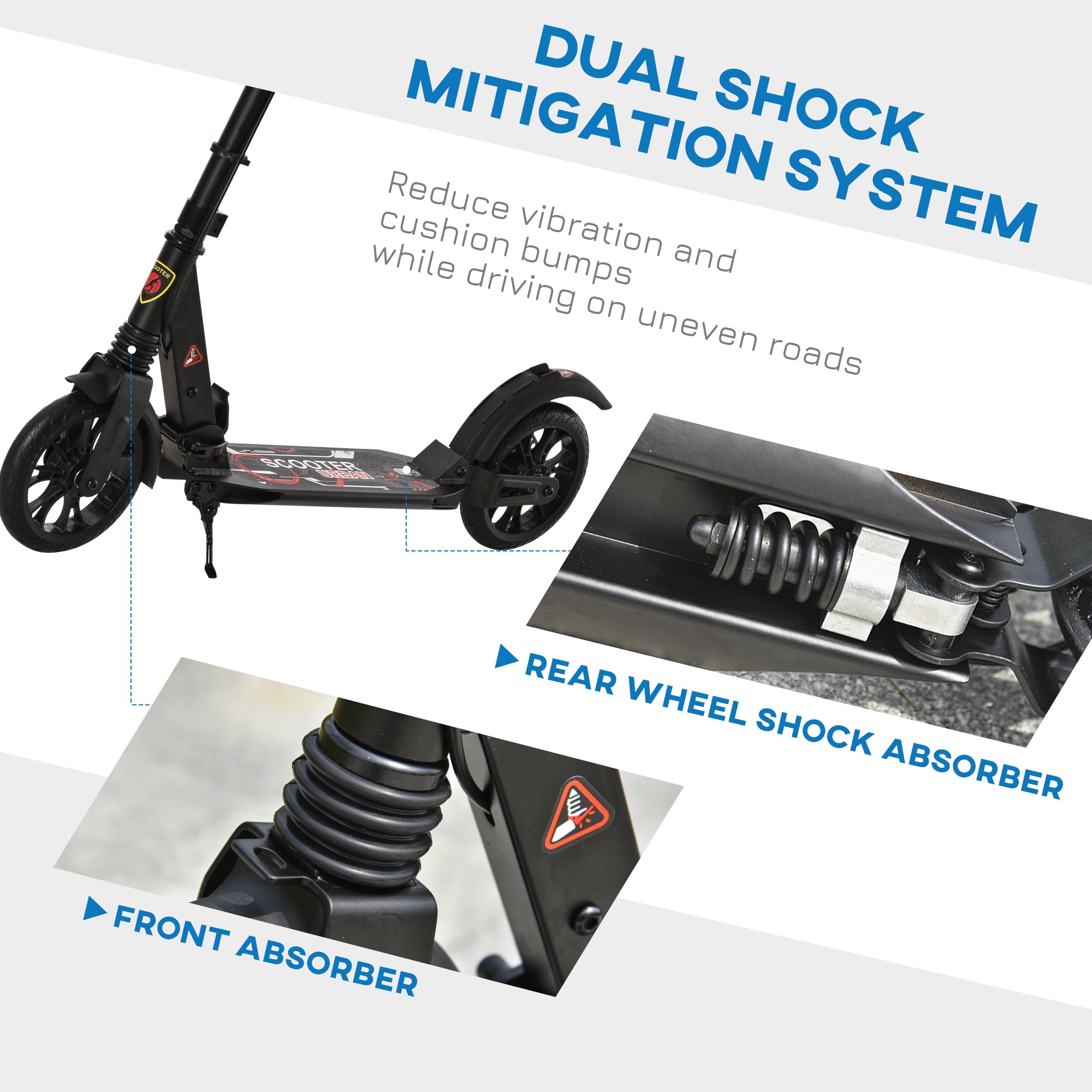 HOMCOM Adult Teens Kick Scooter Foldable Height Adjustable Aluminum Ride On Toy for 14+ with Rear Wheel & Hand Brake, Shock Mitigation System - Black - North Peak Garden Furniture