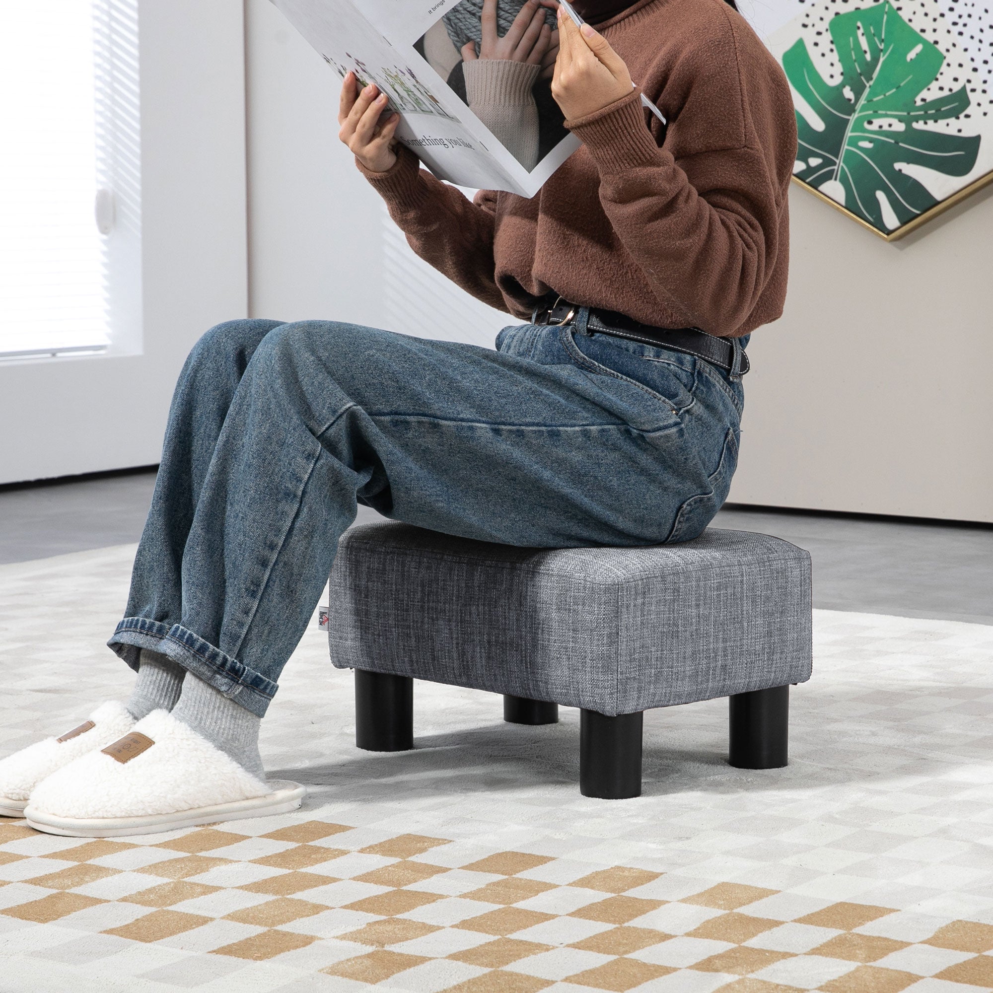 HOMCOM Linen Fabric Footstool Ottoman Cube with 4 Plastic Legs - North Peak Garden Furniture