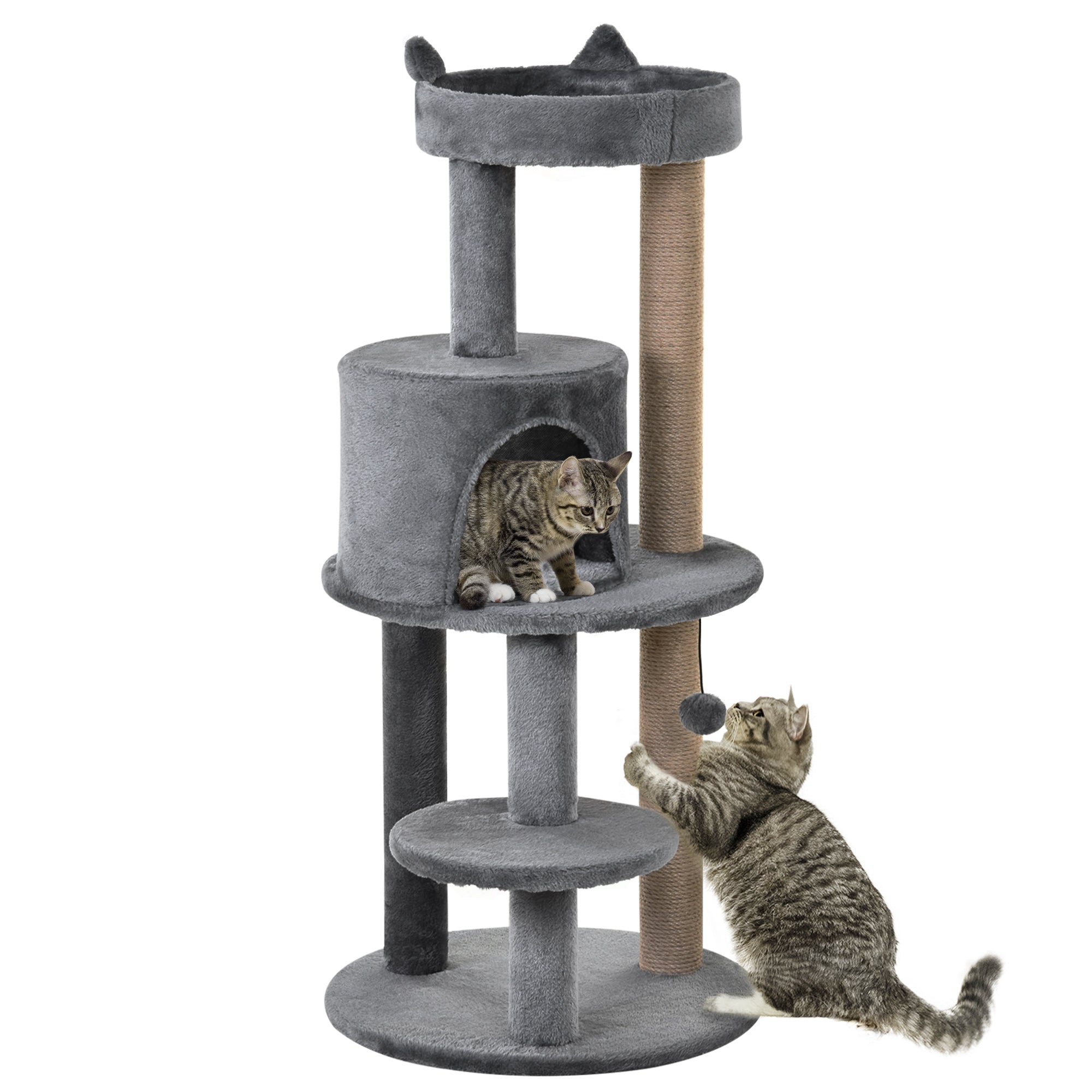 PawHut 104 cm Cat Tree, Cat Condo Tree Tower, Cat Activity Centre with Scratching Posts, Plush Perch, Hanging Ball - Grey - North Peak Garden Furniture