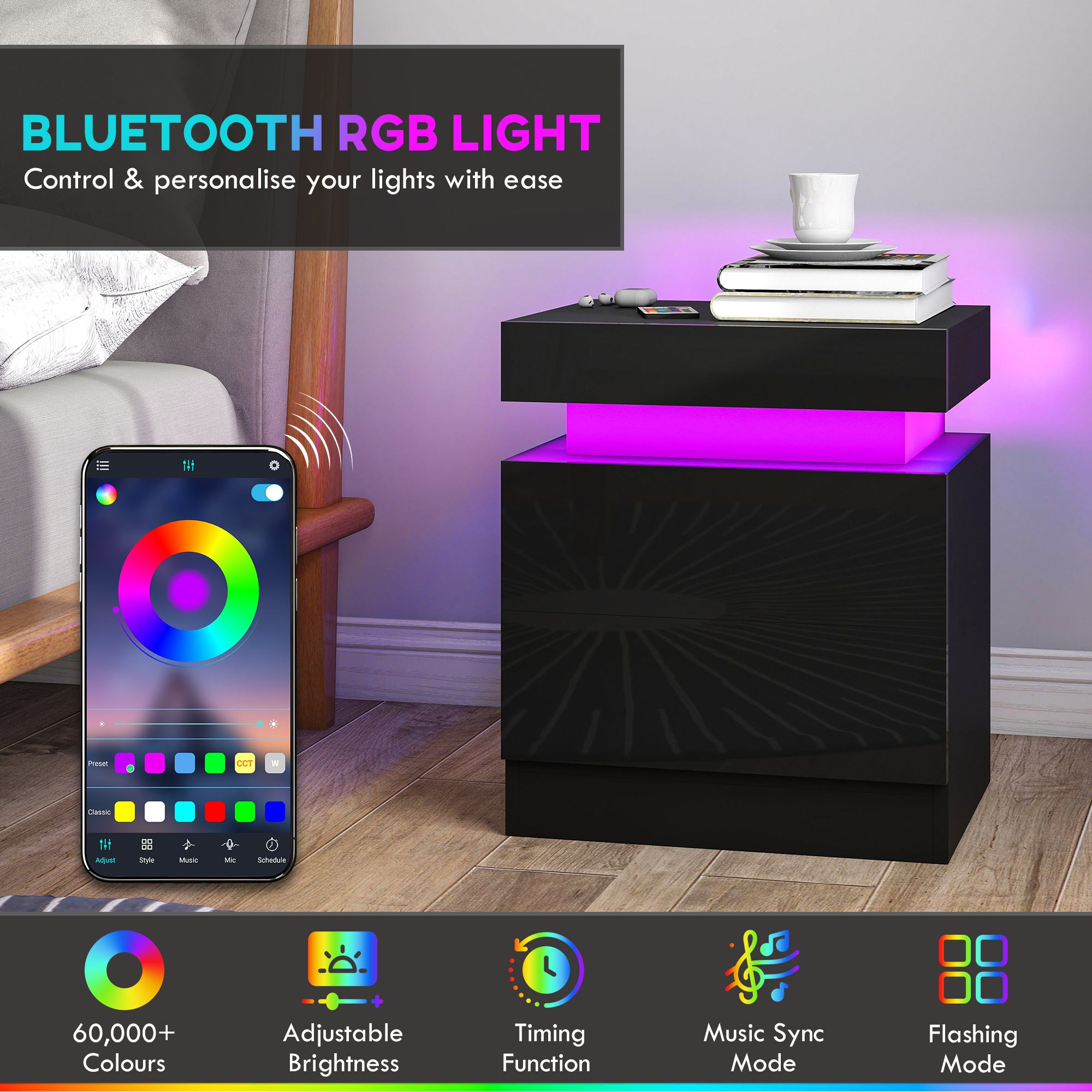 HOMCOM Black Bedside Table with LED Light, High Gloss Front Nightstand with 2 Drawers, for Living Room, Bedroom, Set of 2