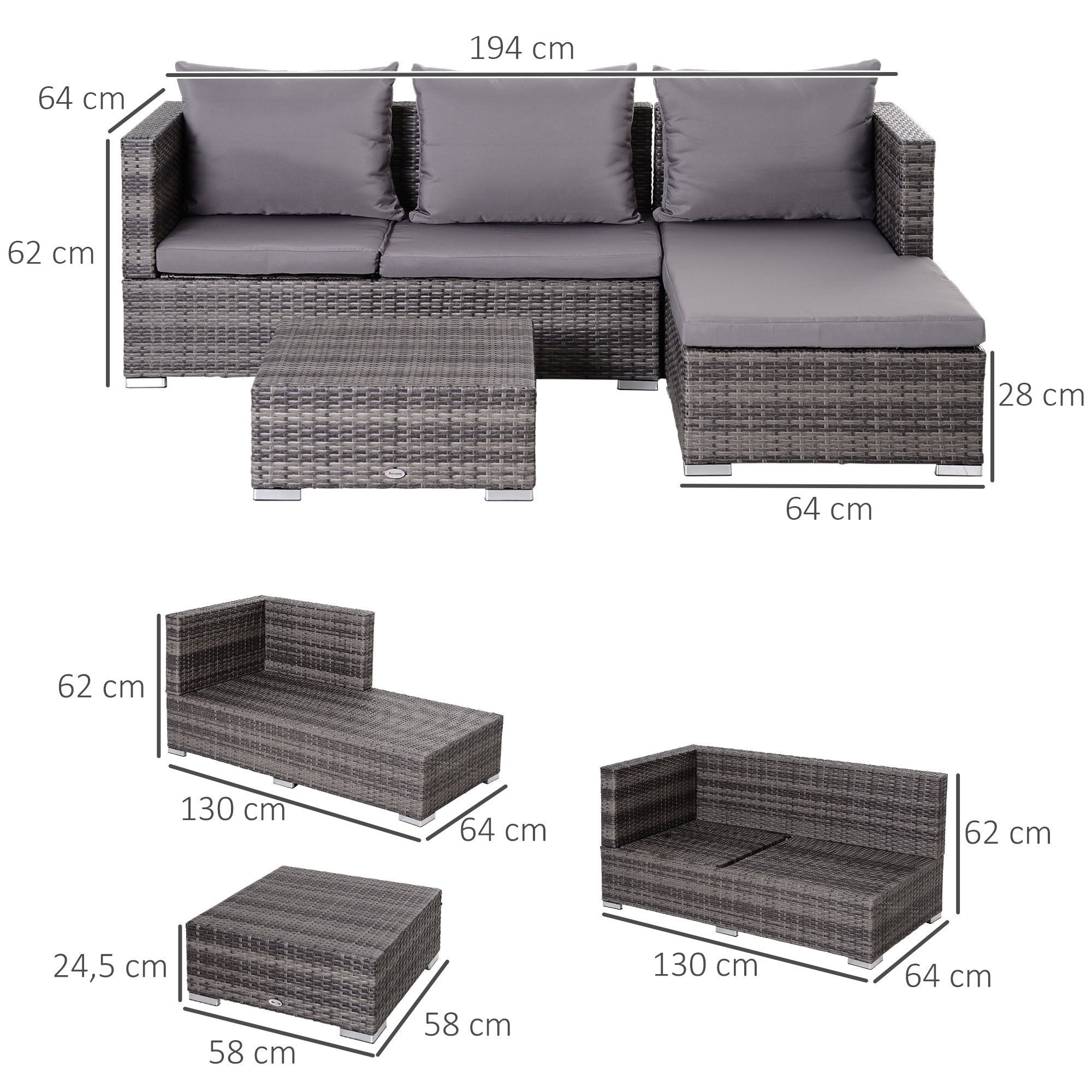 Outsunny 3PC Rattan Garden Furniture Storage Sofa Set 4 Seater Wicker Coffee Table Conservatory Sun Lounger Reclining Set Outdoor Weave with Cushion Grey - North Peak Garden Furniture