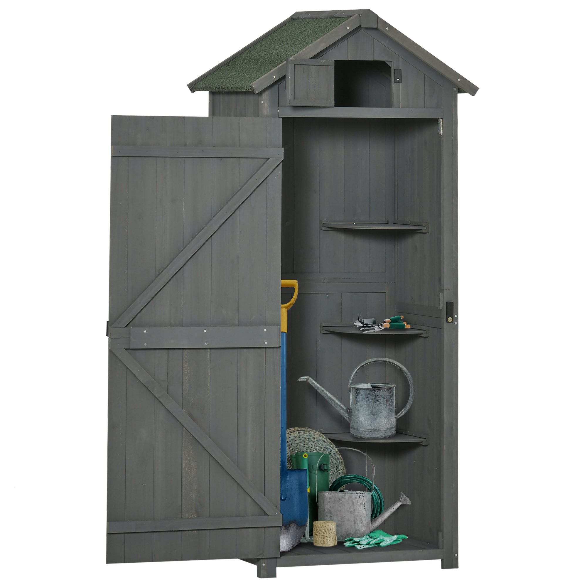 Outsunny Wooden Garden Shed, Utility Outdoor Small Shed with Lockable Double Doors, Shelves and Roof Hatch, Grey - North Peak Garden Furniture