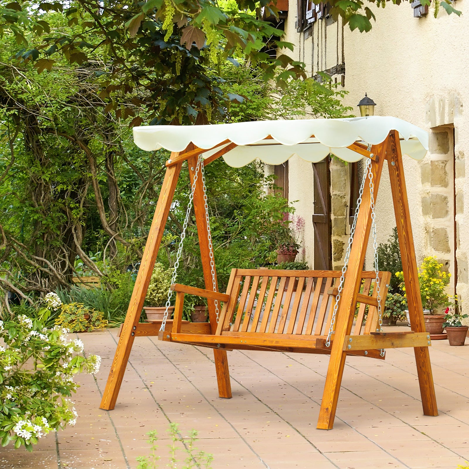 Outsunny 2 Seater Garden Swing Seat Wooden Swing Chair Outdoor Hammock Bench Furniture, Cream White - North Peak Garden Furniture