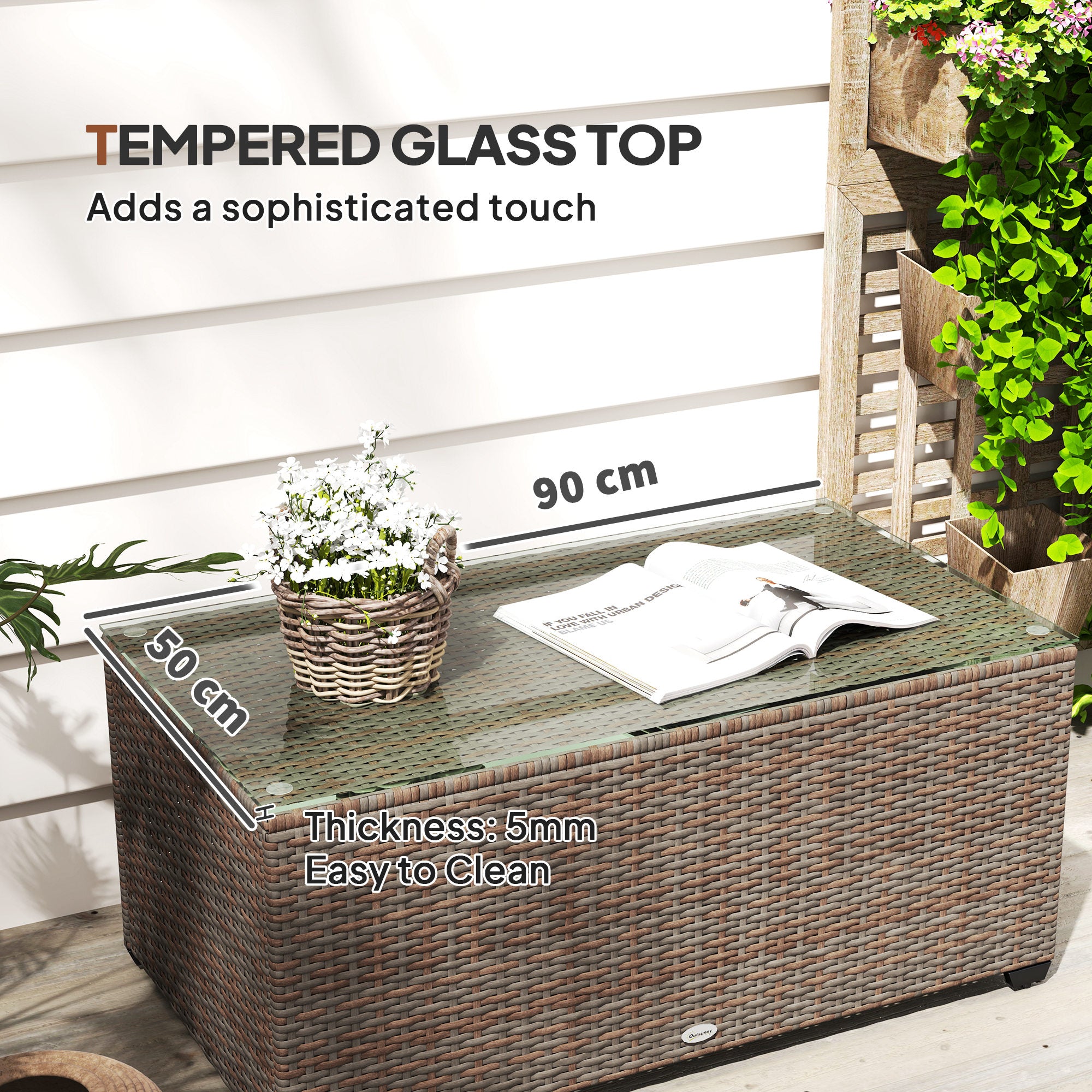 Outsunny 90 x 50cm Glass-Top Rattan Side Table - Brown - North Peak Garden Furniture