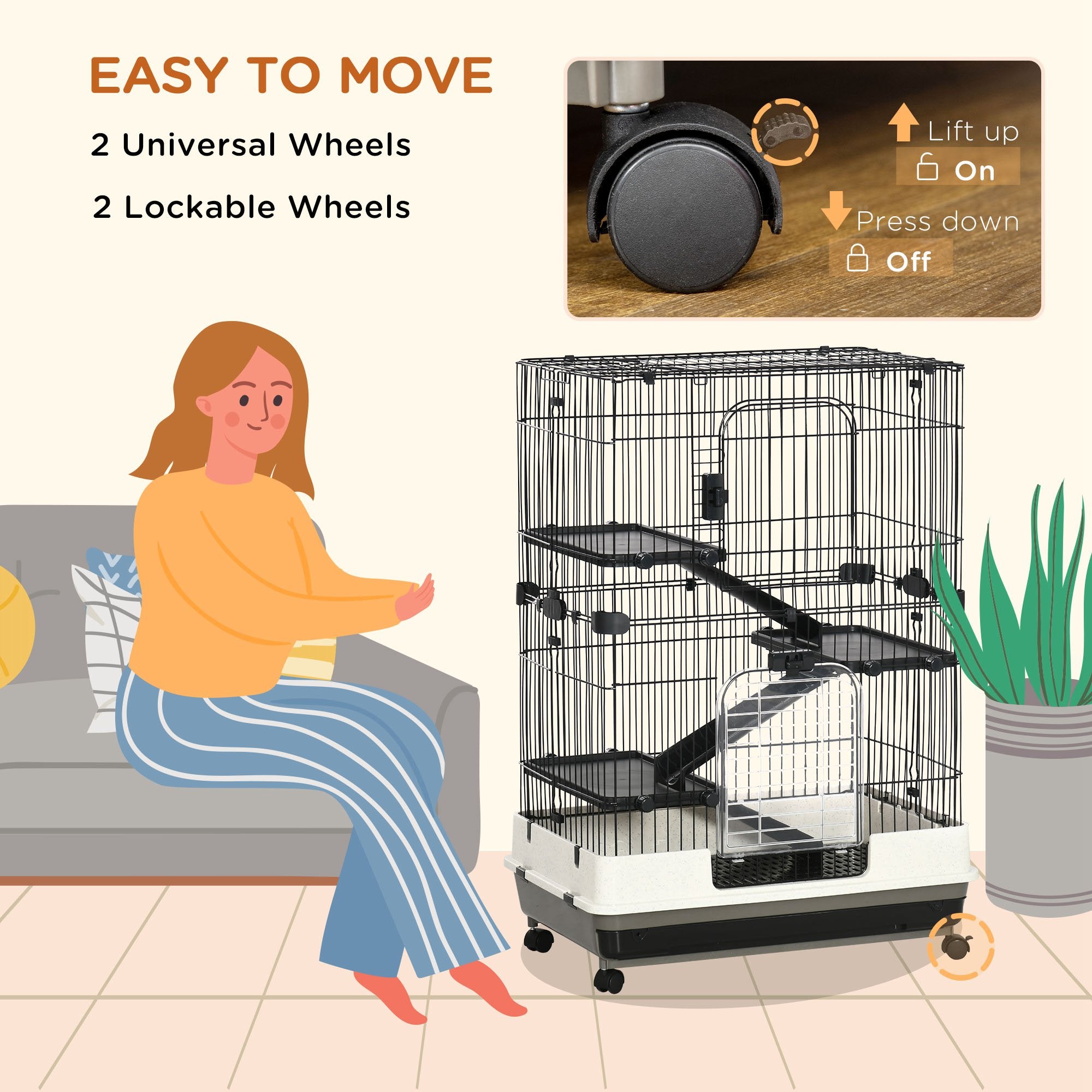 PawHut Four-Tier Small Animal Cage, for Bunnies, Ferrets, Chinchillas w/ Wheels, Tray - Black - North Peak Garden Furniture