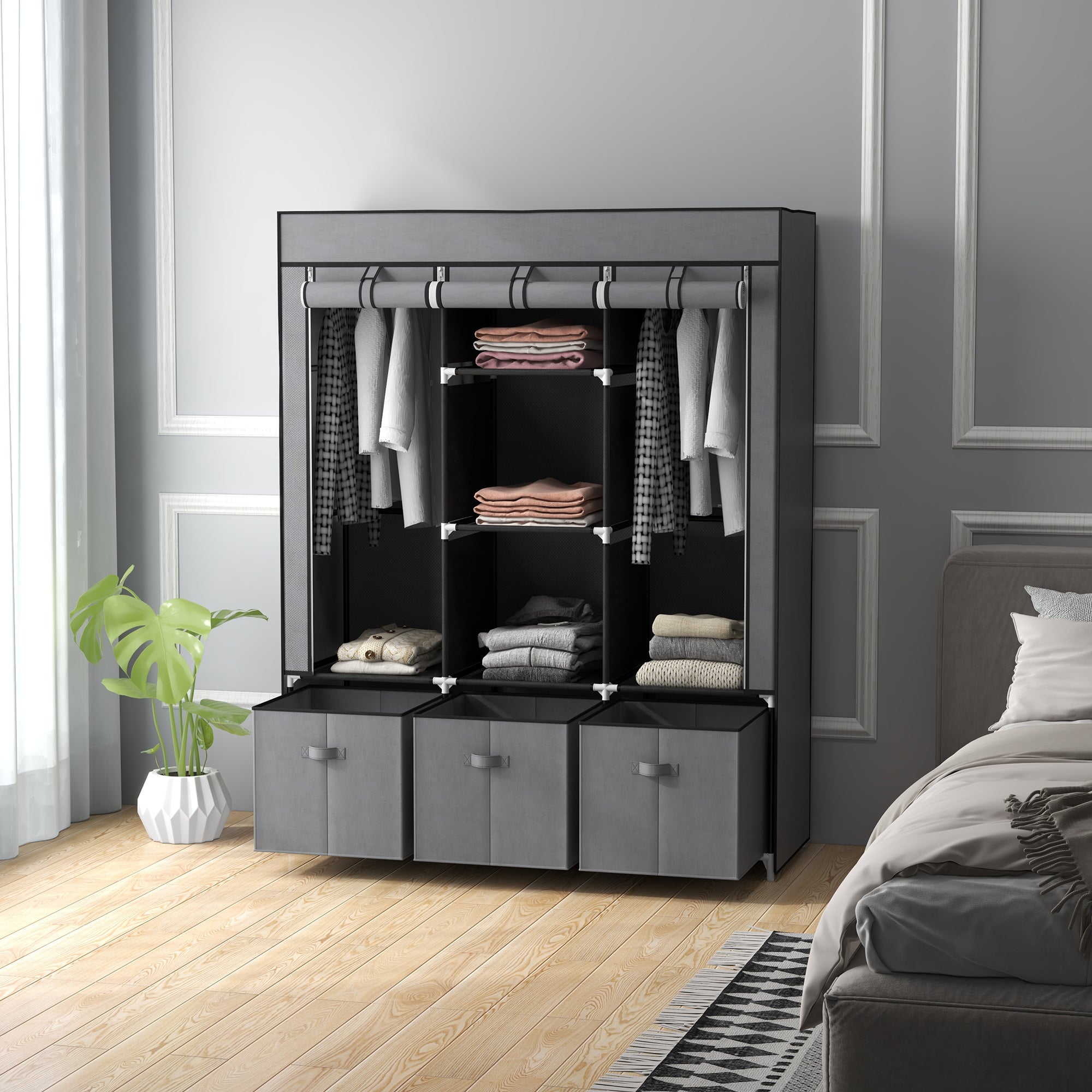 HOMCOM Fabric Wardrobe for Bedroom, Portable Wardrobe with 5 Shelves, 2 Hanging Rails and 3 Fabric Drawers, Foldable Closet, 125 x 43 x 162.5cm, Dark Grey - North Peak Garden Furniture