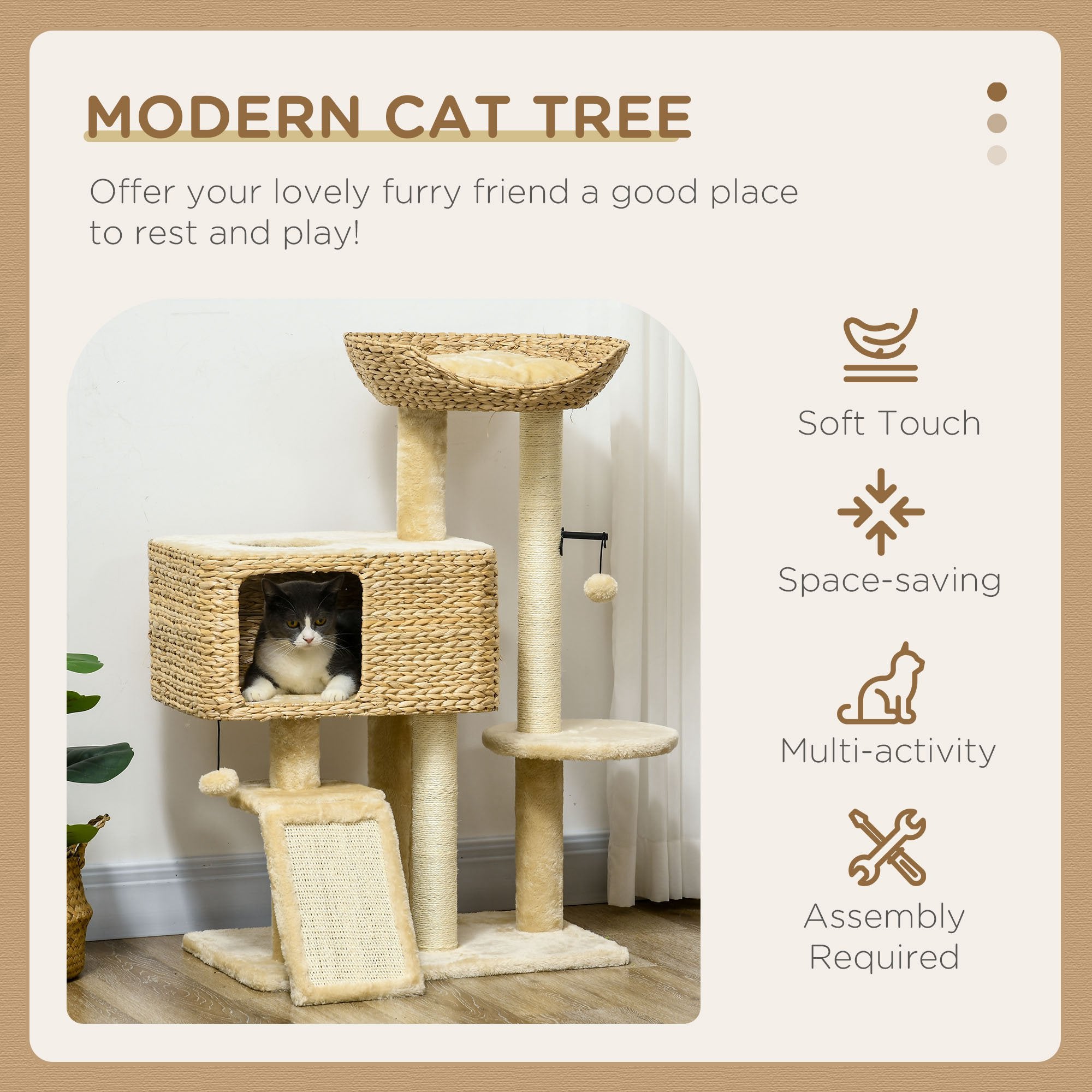 PawHut 95cm Cat Tree Tower for Indoor Cats, with Scratching Post, Cat House, Toy Ball, Platform - Beige - North Peak Garden Furniture