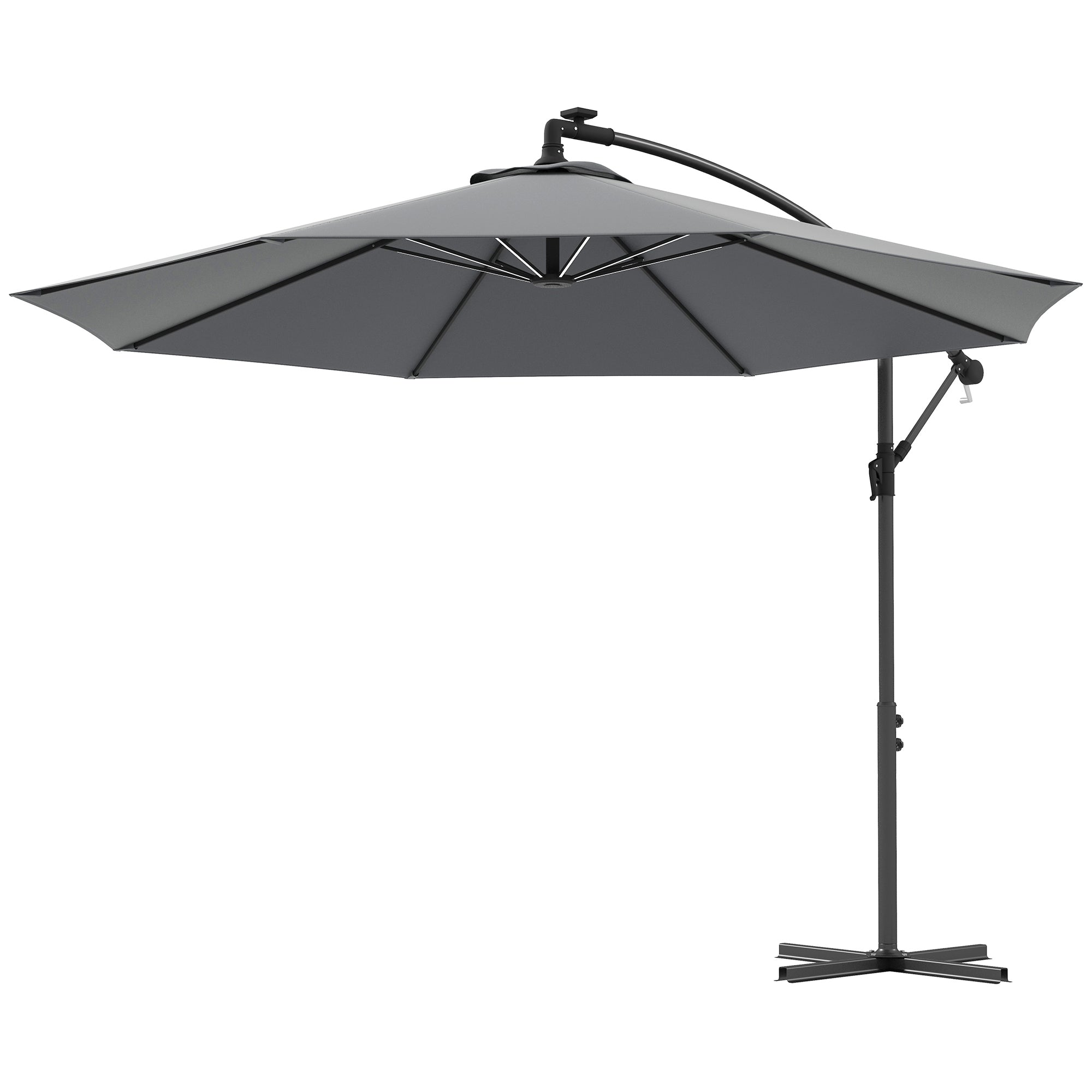 Outsunny 3(m) Cantilever Parasol with Solar LED Lights, Garden Umbrella with Cross Base and Crank Handle, Hanging Offset Banana Sun Shade for Outdoor, Patio, Grey