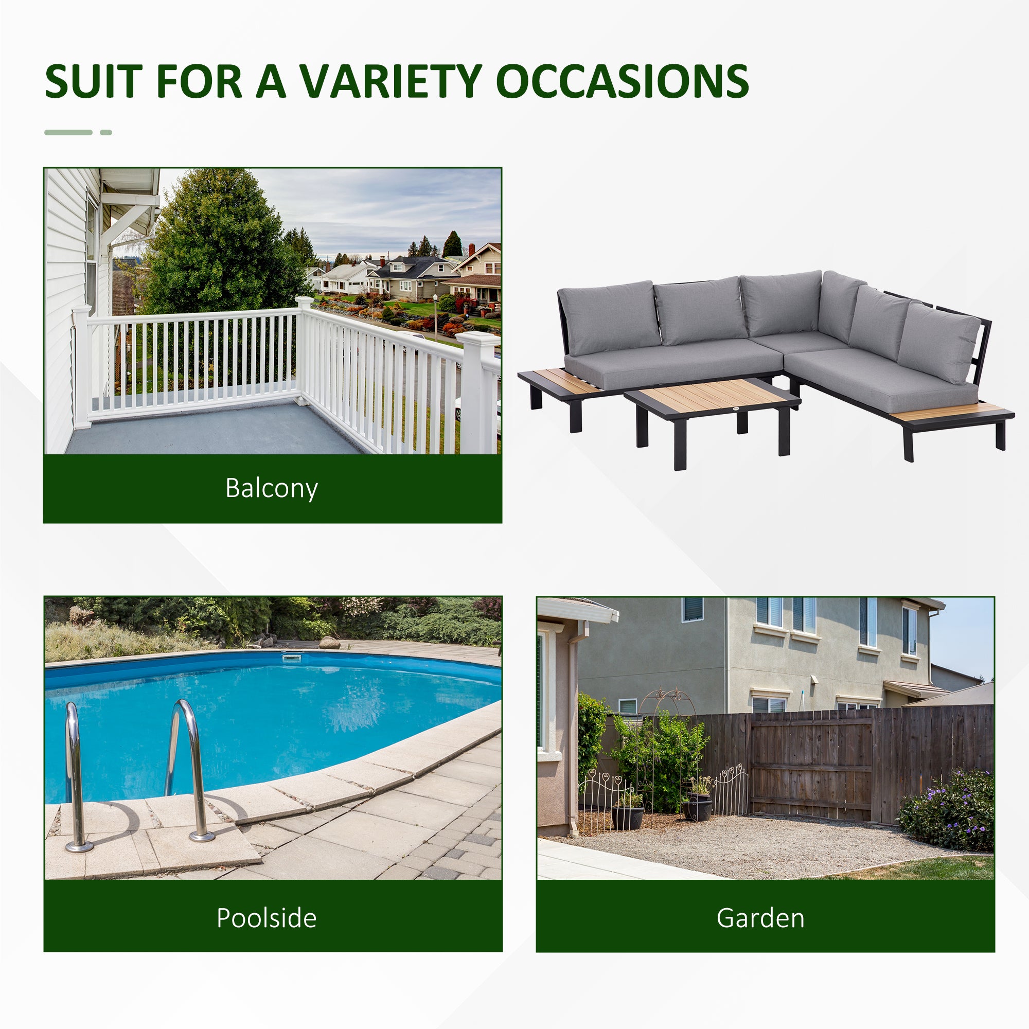 Outsunny 4 Pieces Aluminium Garden Furniture Set L Shape Sofa Set with Tables, Cushions for Indoor, Garden, Patio, Dark Grey - North Peak Garden Furniture