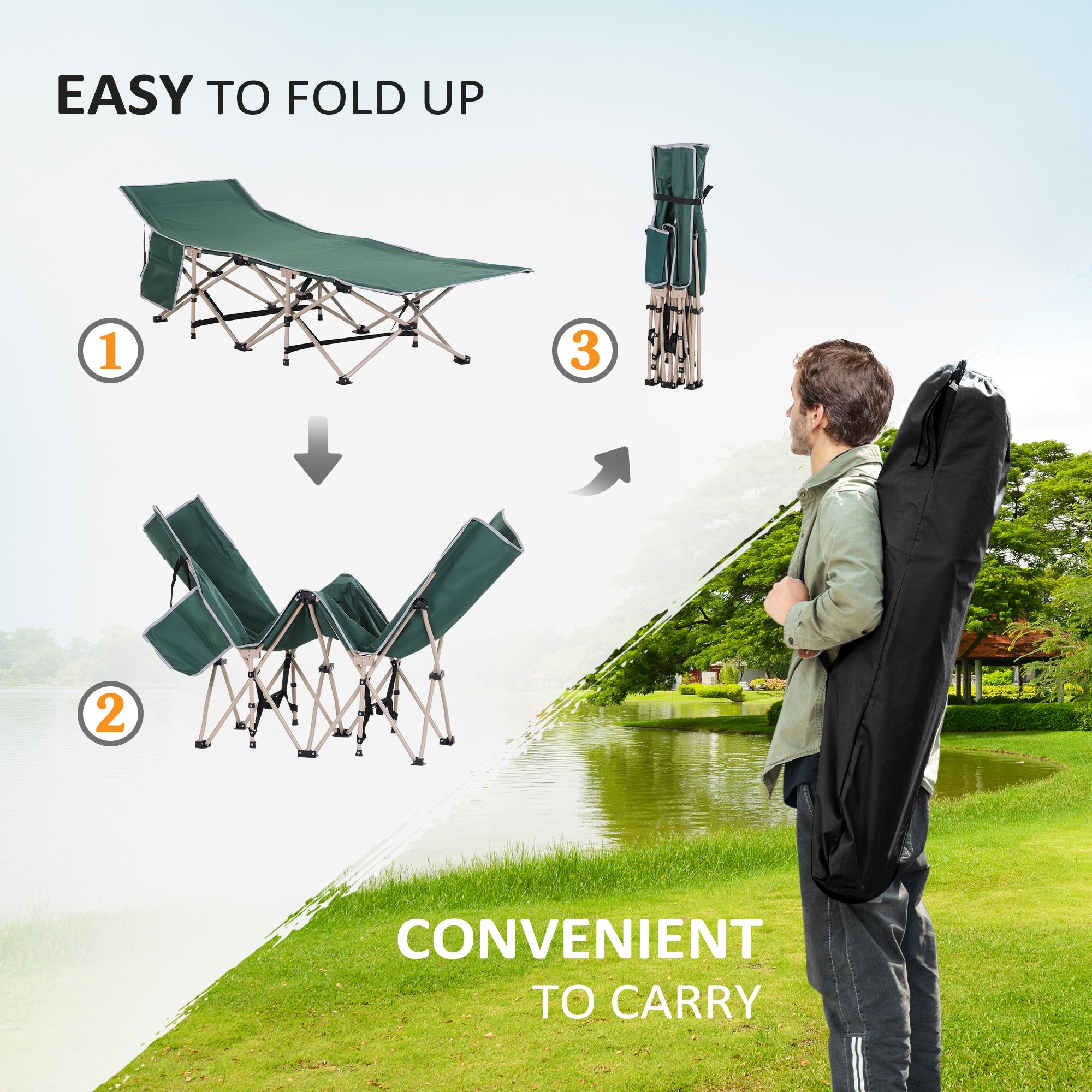 Outsunny Single Person Camping Bed Folding Cot Outdoor Patio Portable Military Sleeping Bed Travel Guest Leisure Fishing with Side Pocket and Carry Bag - Green - North Peak Garden Furniture