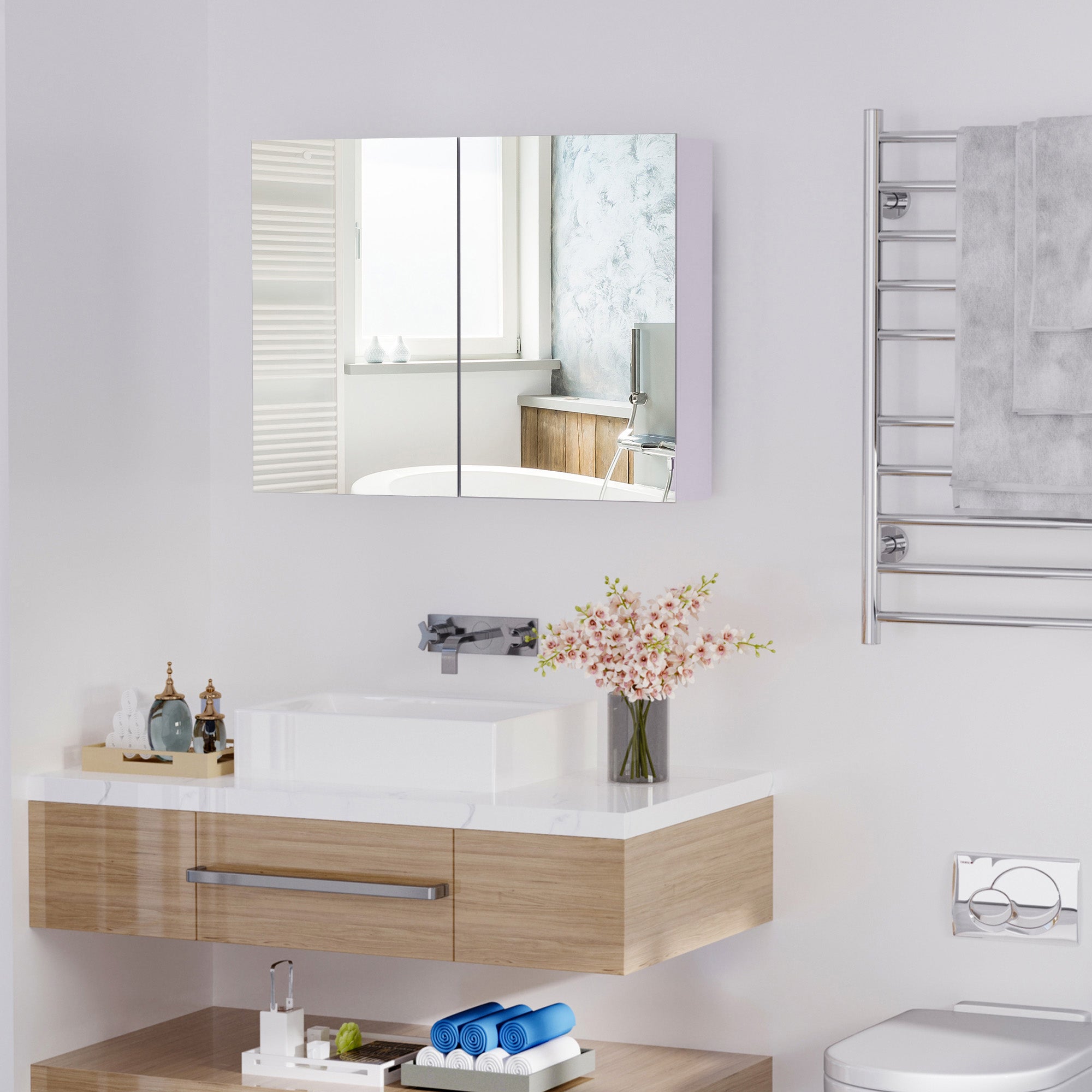 HOMCOM Double Door Wall Mounted Glass Mirror Cabinet Modern Storage Unit Bathroom Shelf Organiser Waterproof Wooden Frame 80Wx15Dx60H(cm) - North Peak Garden Furniture