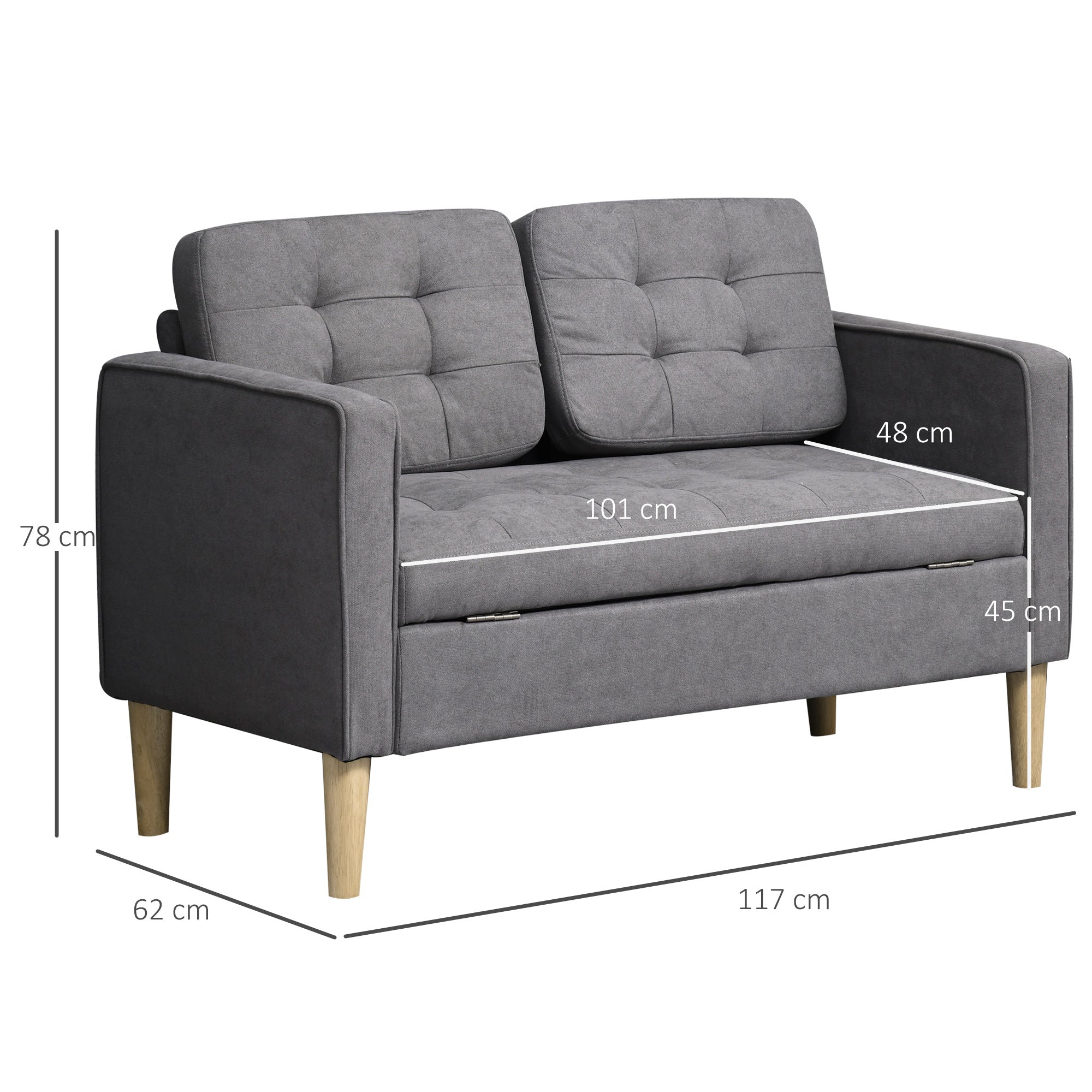 HOMCOM Modern 2 Seater Sofa with Hidden Storage, 117cm Tufted Cotton Couch with Wood Legs, Compact Loveseat for Living Room, Kitchen, Grey - North Peak Garden Furniture