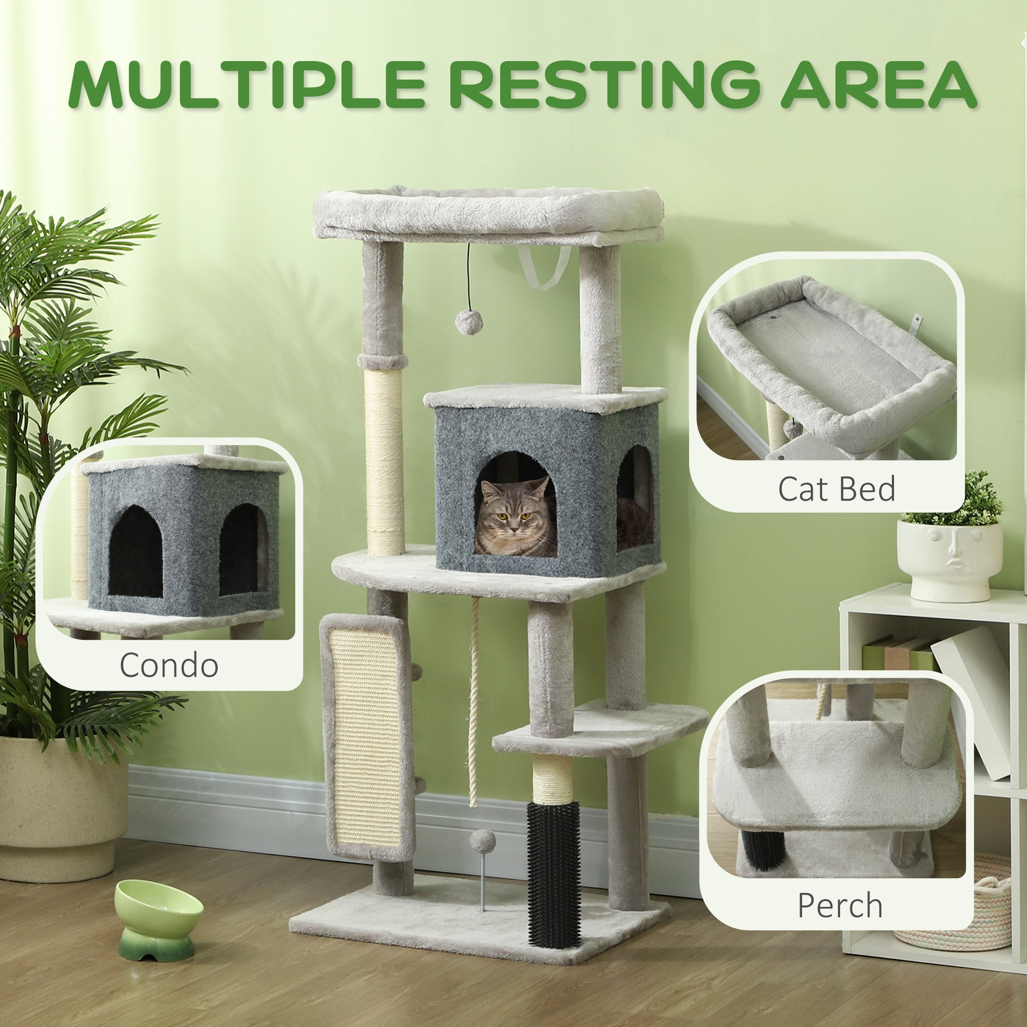PawHut 132cm Cat Tree w/ Scratching Posts, Pad, Cat Bed, Cat House, Jumping Platform, Grooming Brush, Anti-Tip Kit, Light Grey - North Peak Garden Furniture