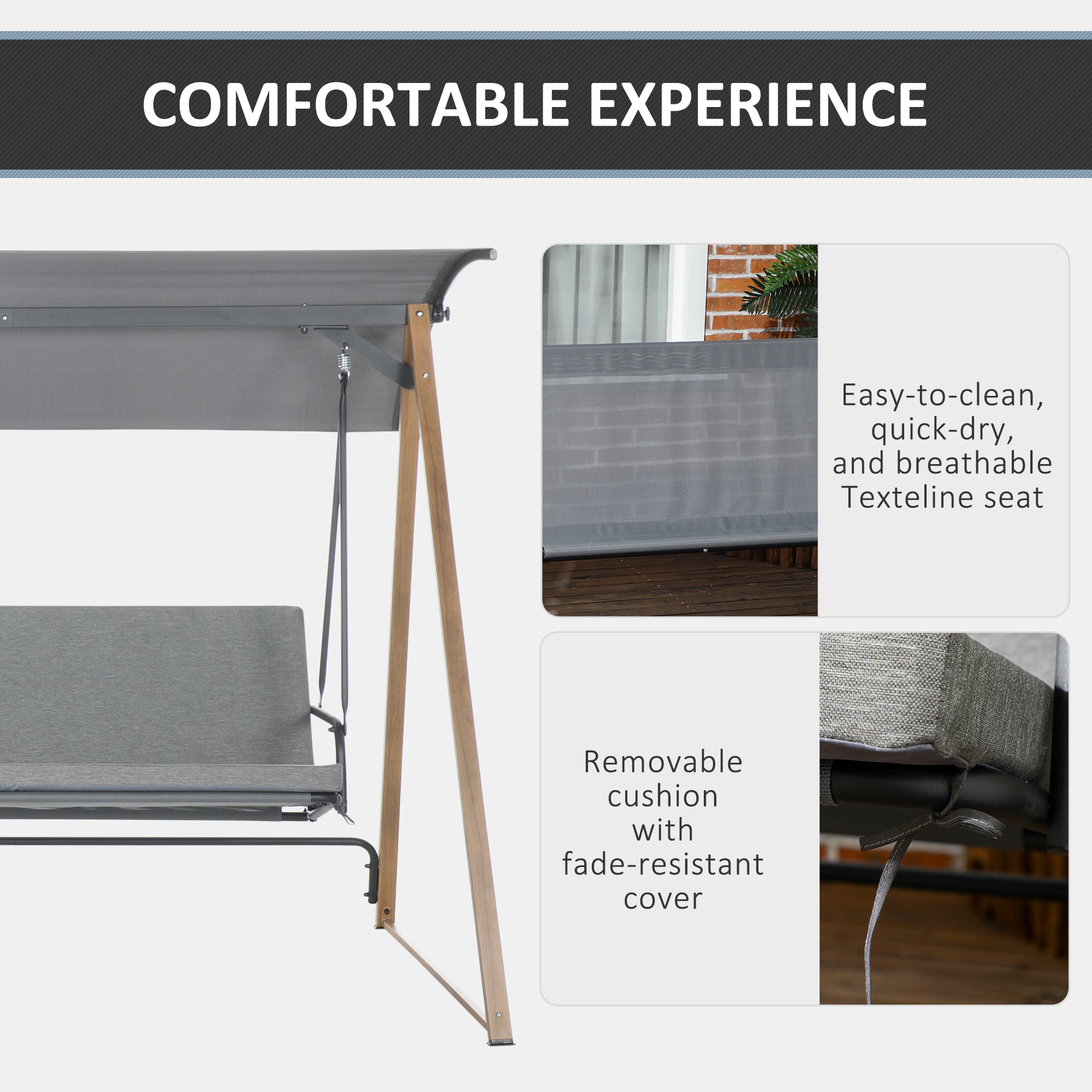 Outsunny 3 Seater Swing Chair, Garden Swing Bench with Adjustable Canopy, Cushioned Seat and Weather Resistant Steel Frame for Patio, Yard - North Peak Garden Furniture