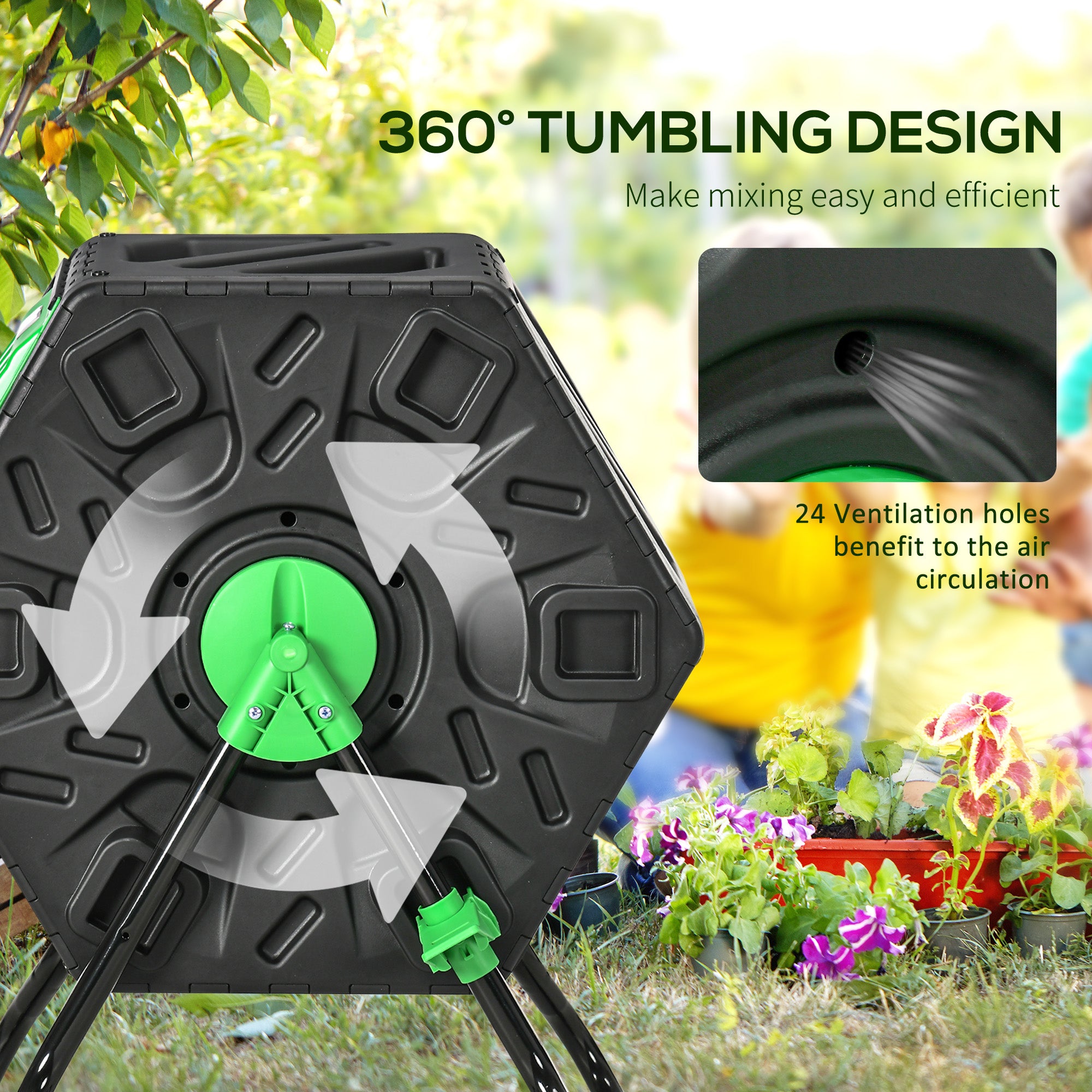 Outsunny 65L Garden Compost Bin, Single Chamber Rotating Composter, Compost Maker with 48 Ventilation Openings and Steel Legs - North Peak Garden Furniture