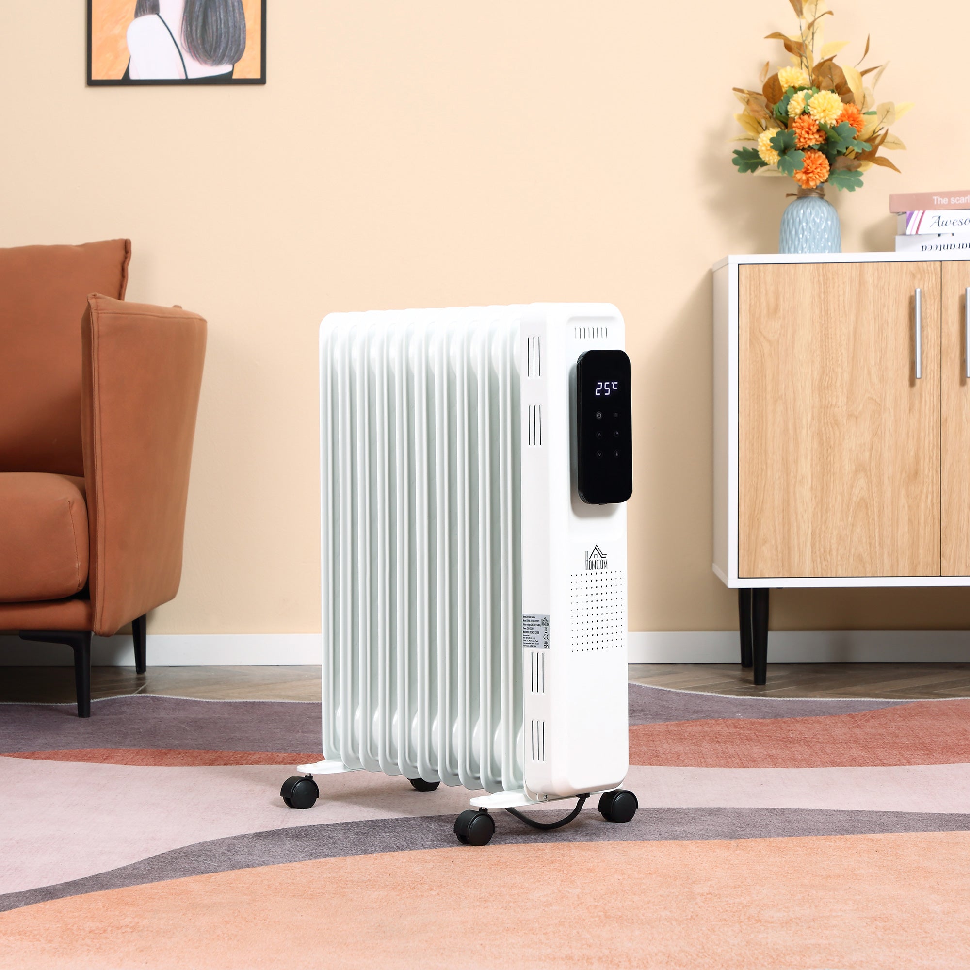 HOMCOM 2500W Oil Filled Radiator, 11 Fin Portable Electric Heater with LED Display, 24H Timer, 3 Heat Settings, Adjustable Thermostat, Safety Cut off, Remote Control, White - North Peak Garden Furniture