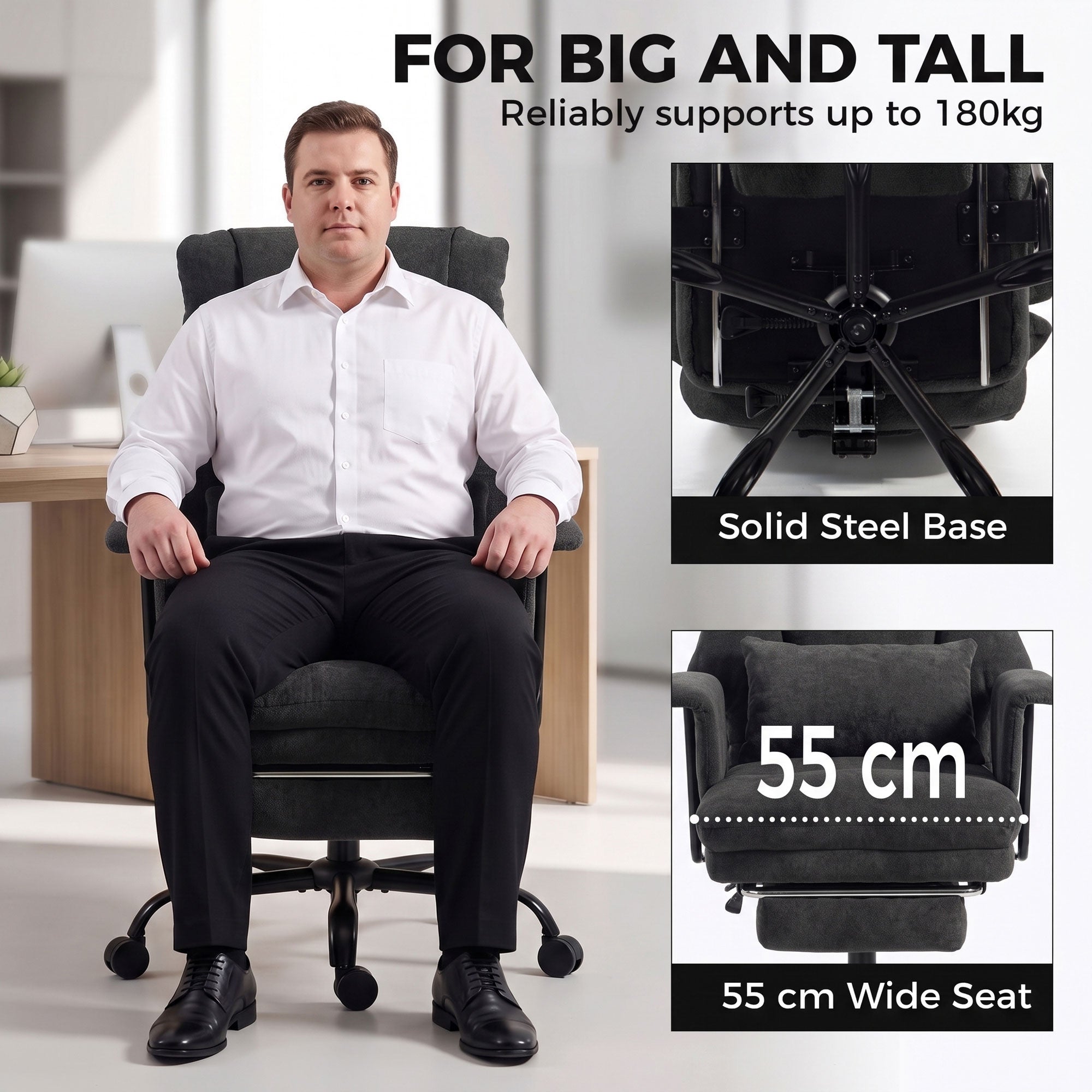 HOMCOM Office Chair, 180kg Heavy Duty Linen Computer Desk Chair with Lumbar Support, Wide Seat, Spring Cushion, Black