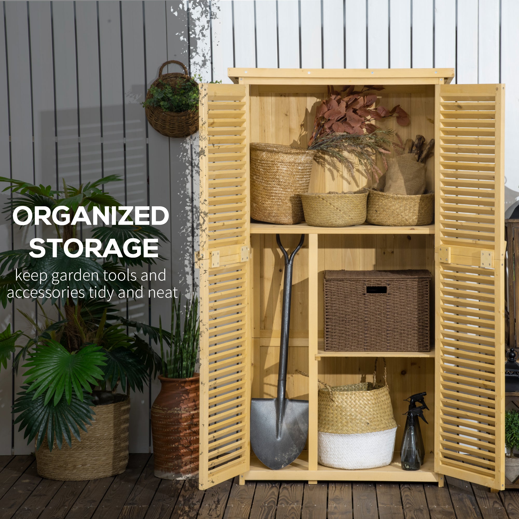 Outsunny 87 x 47 x 160cm Wooden Garden Shed, Sheds & Outdoor Storage with Asphalt Roof and 2 Lockable Doors, Natural - North Peak Garden Furniture