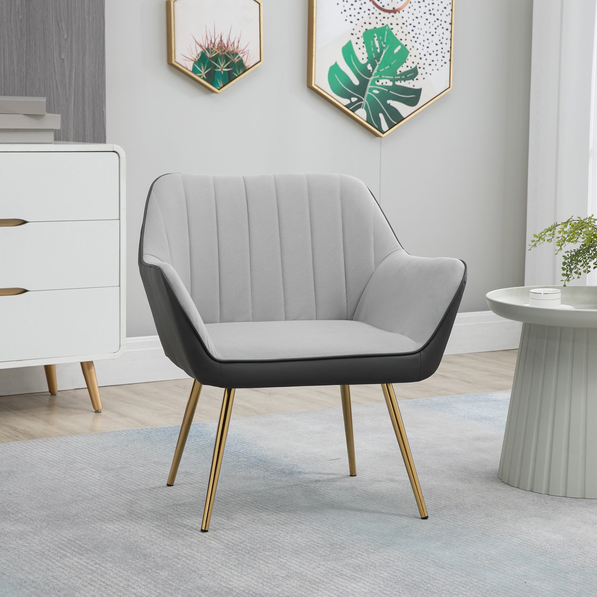HOMCOM Velvet Armchairs, Upholstered Accent Chairs with Golden Steel Legs, Modern Vanity Chairs for Living Room and Bedroom, Light Grey - North Peak Garden Furniture