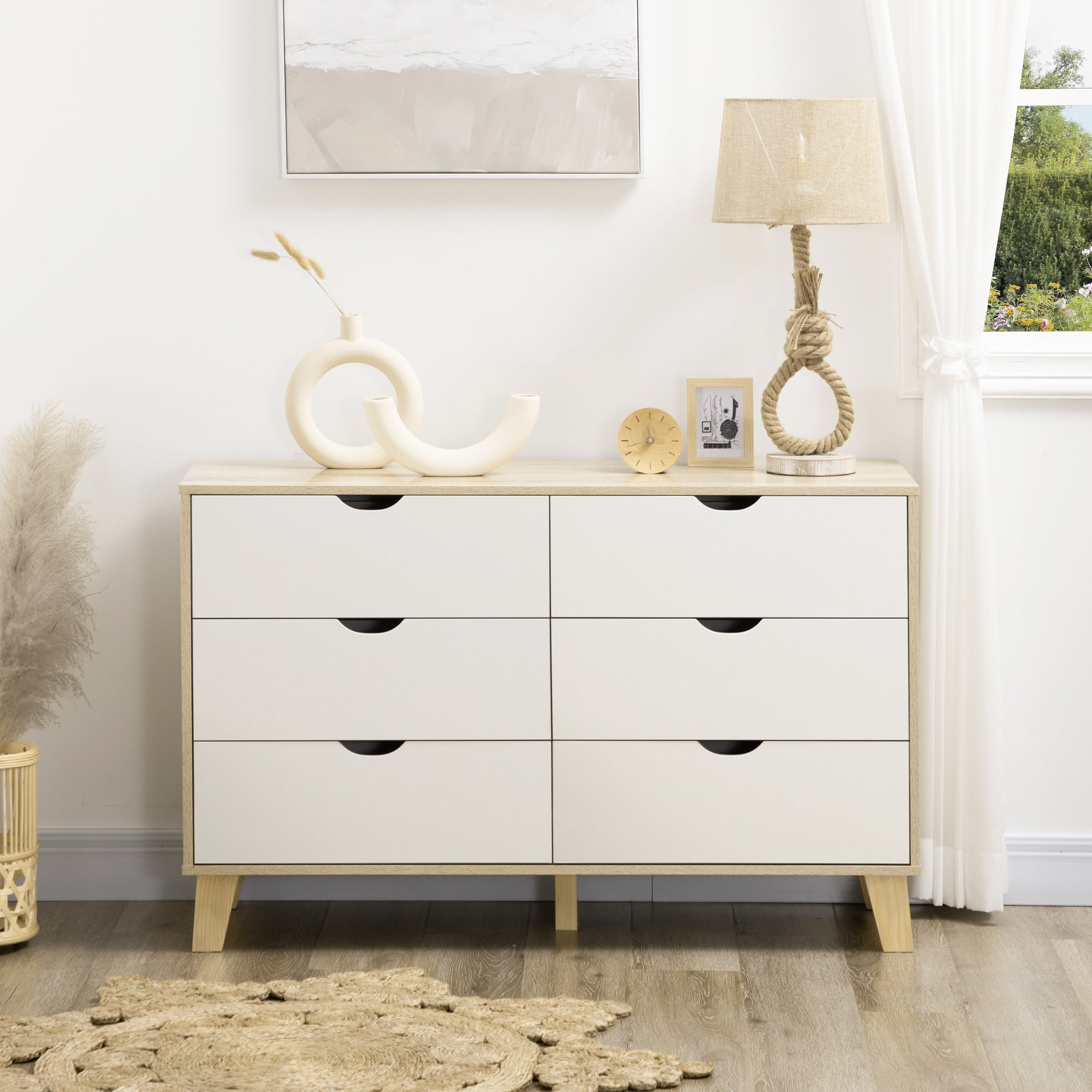 HOMCOM Bedroom Chest of Drawers, Wide 6-Drawer Dresser, Storage Drawer Unit with Wood Legs for Living Room, White and Light Brown - North Peak Garden Furniture