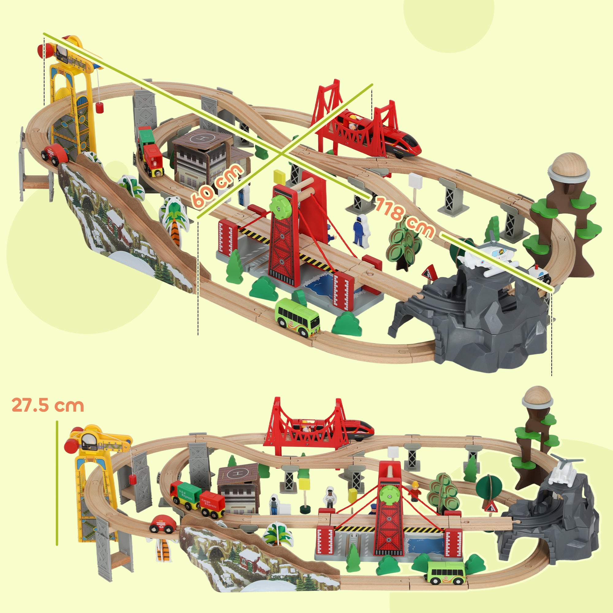 AIYAPLAY 100 Piece Wooden Train Set for Kids 3+ Years with Track, Crane, Battery Operated Train