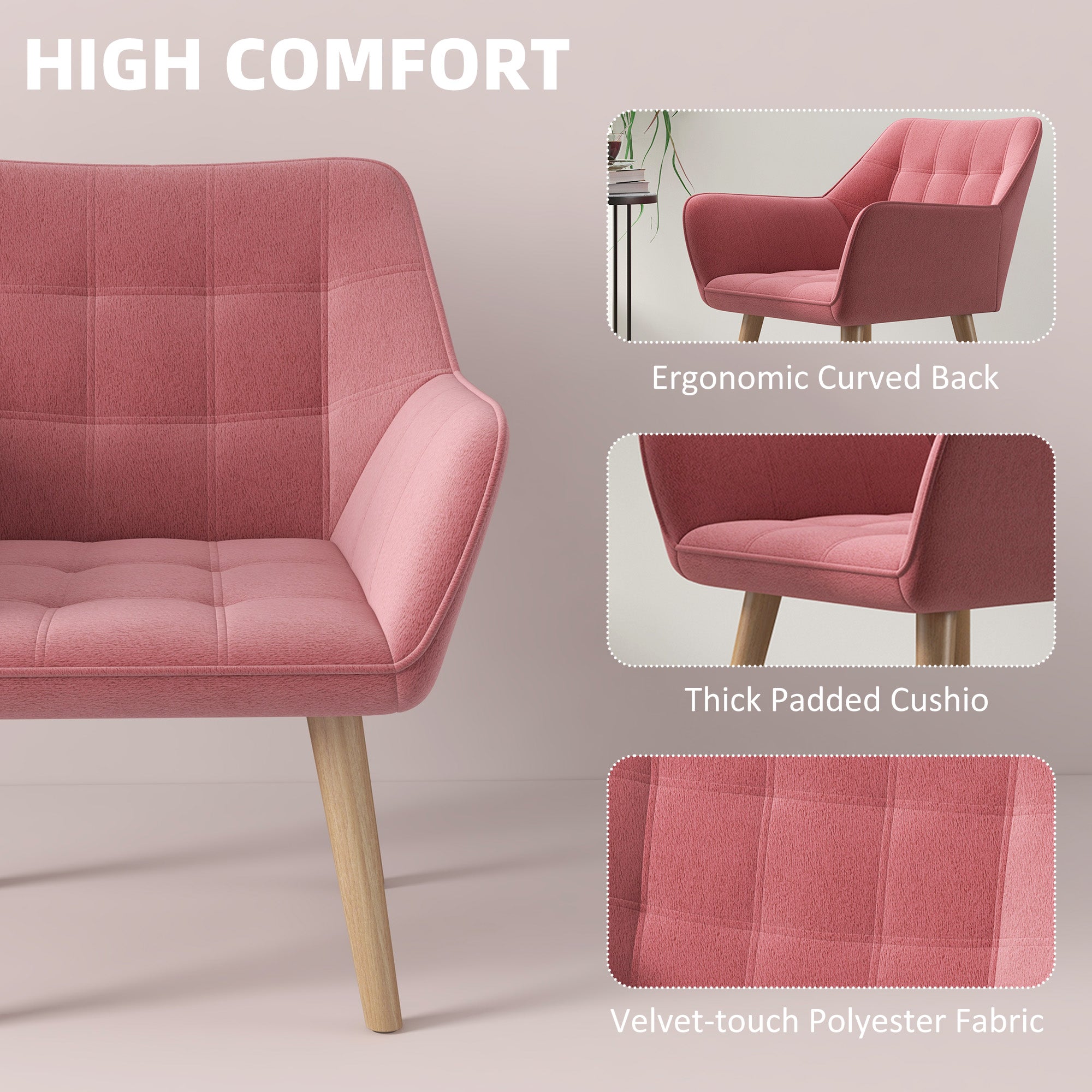 HOMCOM Accent Chair, Arm Chair with Wide Arms, Slanted Back, Thick Padding and Rubber Wooden Legs for Living Room, Pink - North Peak Garden Furniture