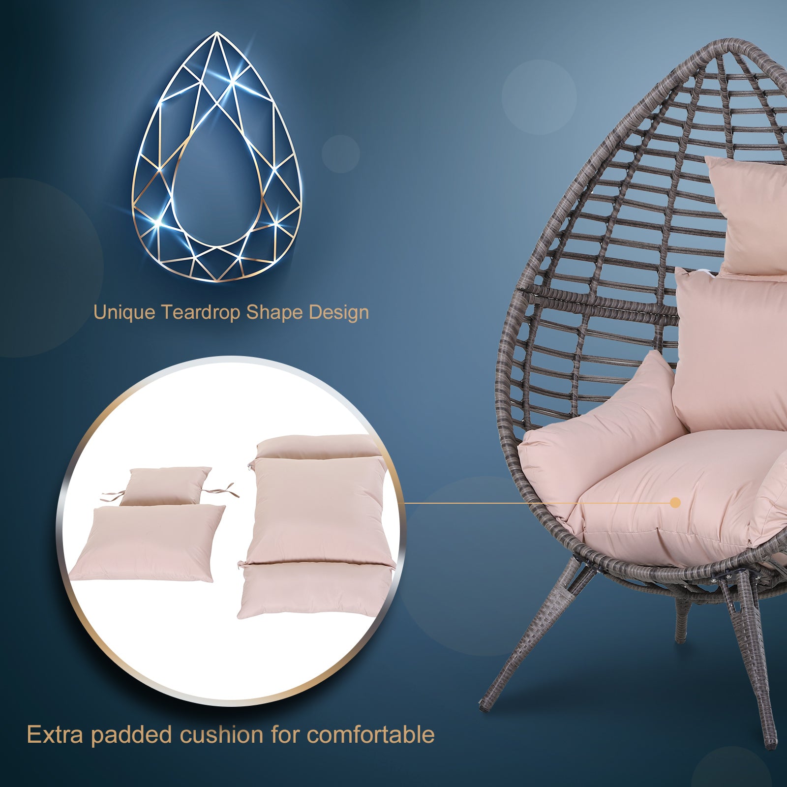 Outsunny Outdoor Egg Chair, PE Rattan Teardrop Chair with Full-body Soft Padded Cushion, Grey - North Peak Garden Furniture