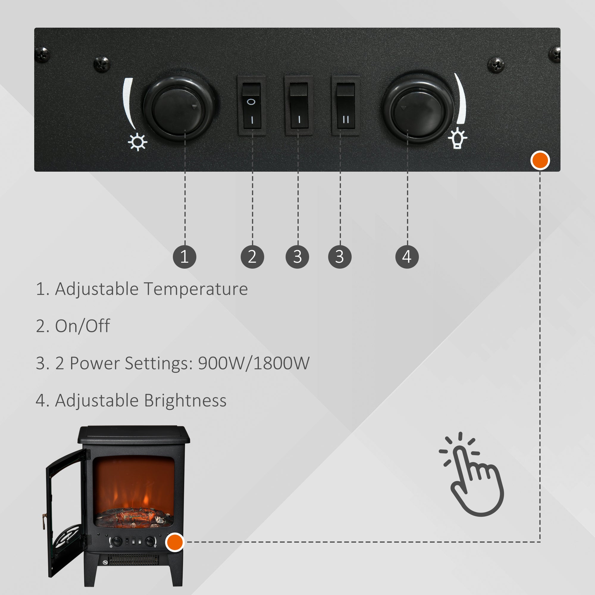 HOMCOM Electric Fireplace Stove, Free standing Fireplace Heater with Realistic LED Flame Effect, Overheat Safety Protection, 900W/1800W, Black - North Peak Garden Furniture