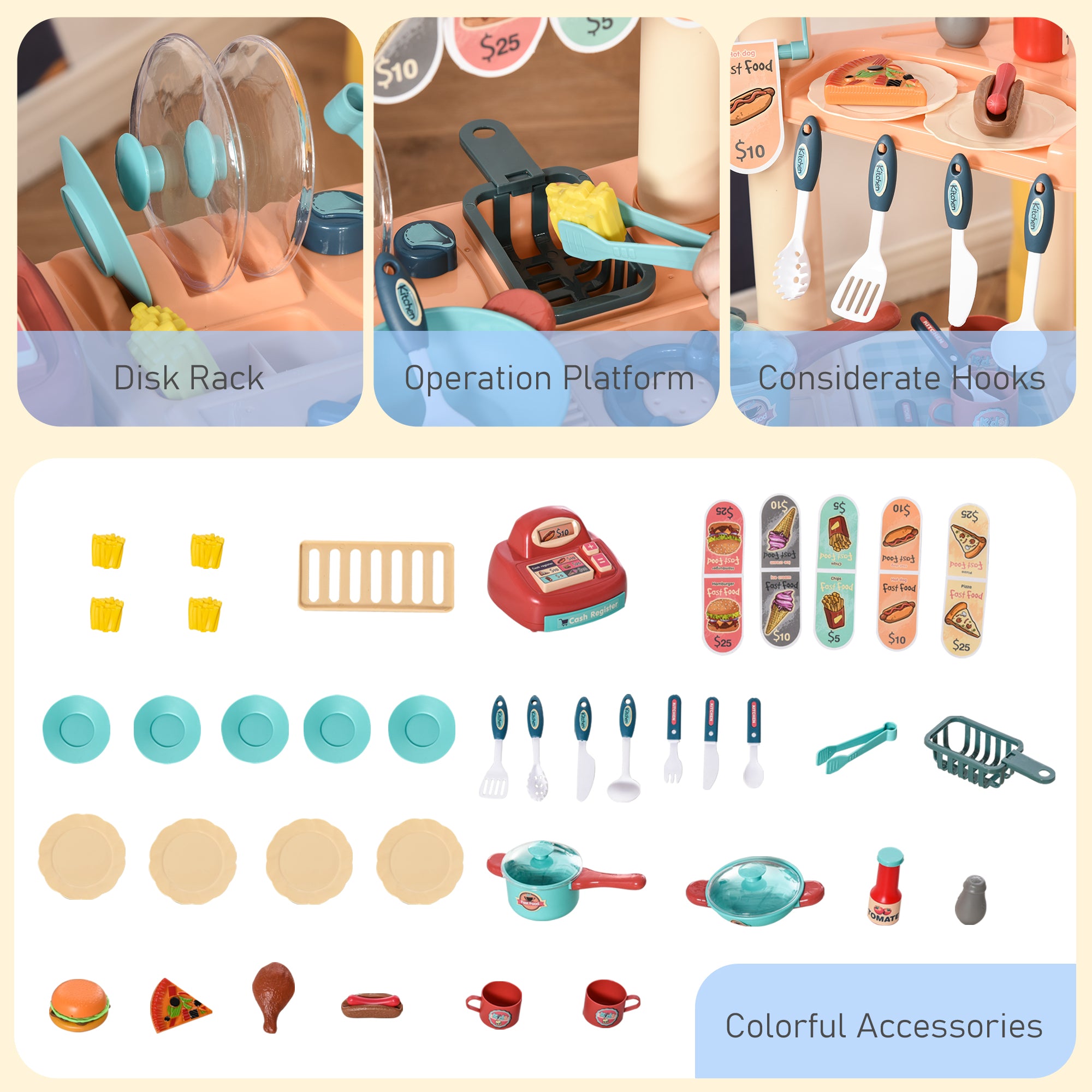 HOMCOM 50 Pcs Kids Kitchen Play set Fast Food Trolley Cart Pretend Playset Toys with Play Food Cashier Register Accessories Gift for Boys Girls Age 3-6 - North Peak Garden Furniture