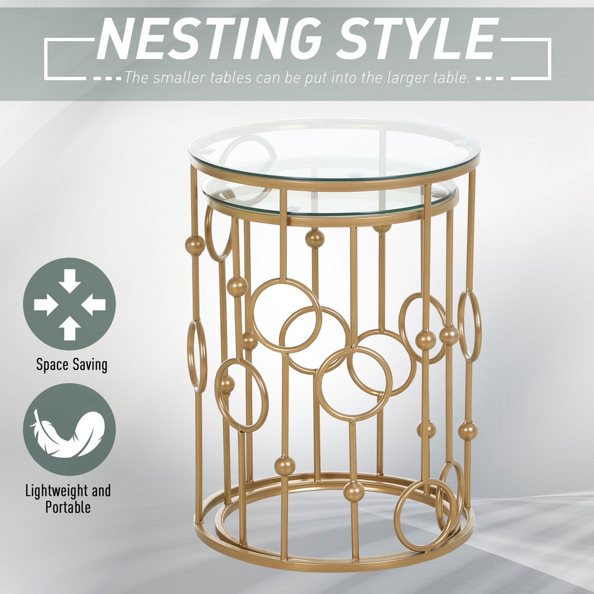 HOMCOM Round Coffee Tables Set of 2, Gold Nesting Side End Tables with Tempered Glass Top, Steel Frame for Living Room, Gold - North Peak Garden Furniture