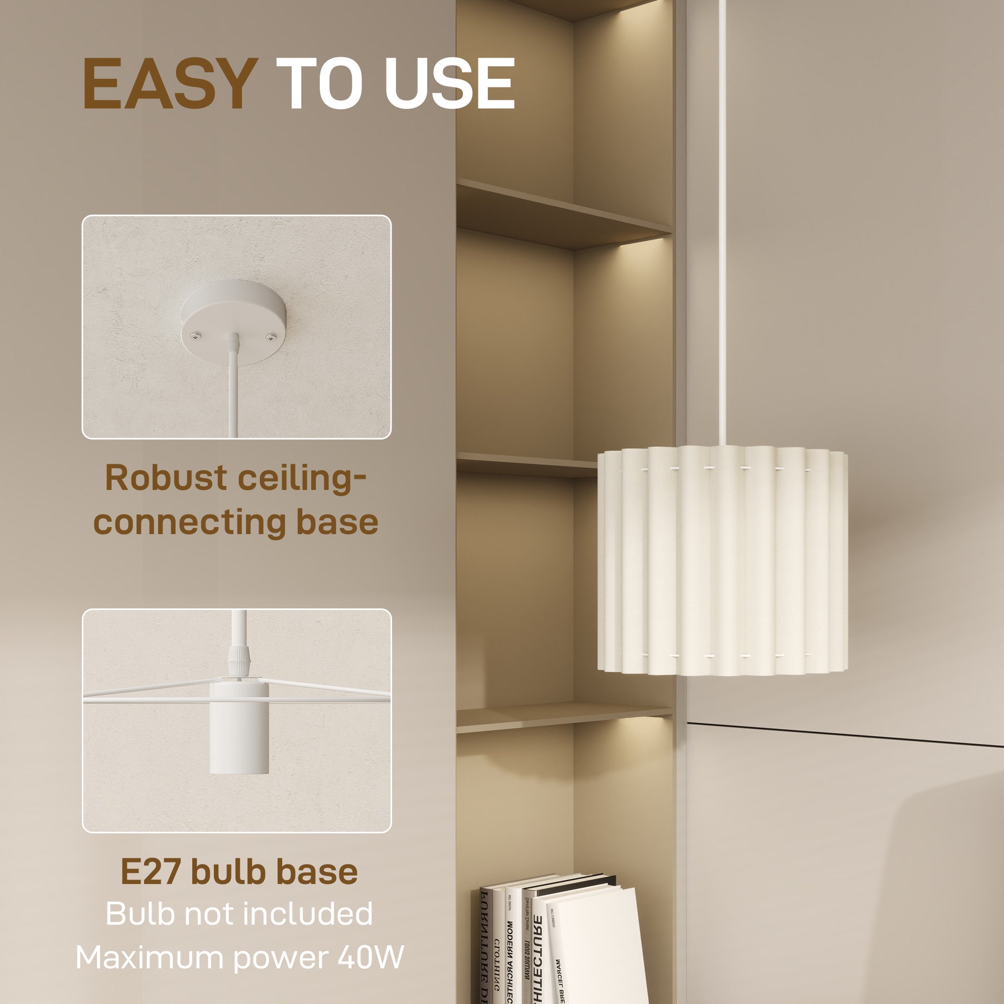HOMCOM Linen Pendant Light, Modern Wave Ceiling Light Shade, E27 Lampshade for Living Room, Bedroom, Kitchen, Hallway, White