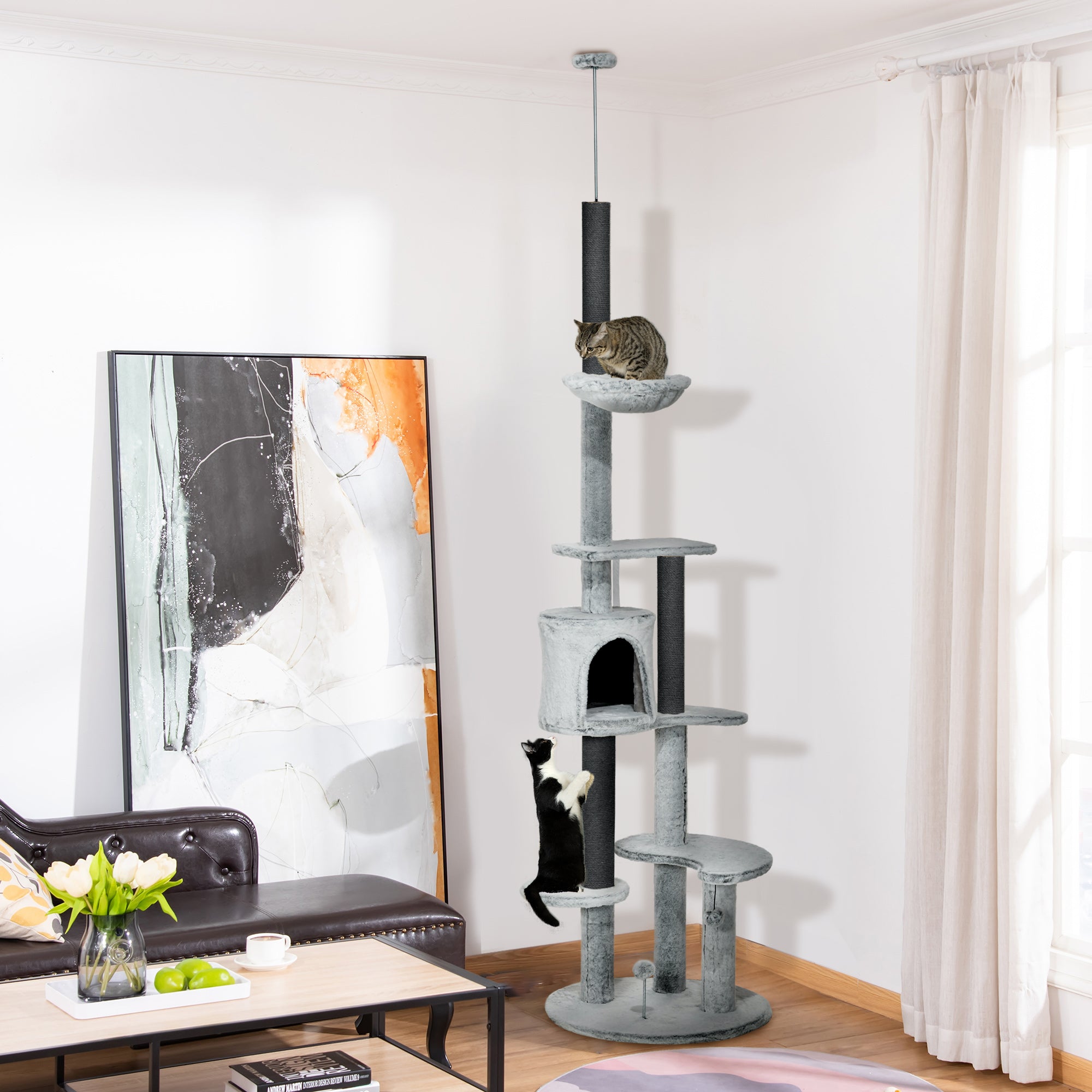 PawHut 255cm Floor to Ceiling Cat Tree with Scratching Posts, Height Adjustable Cat Tower with Hammock, House, Anti-tipping Kit, Perches, Toys, Grey - North Peak Garden Furniture
