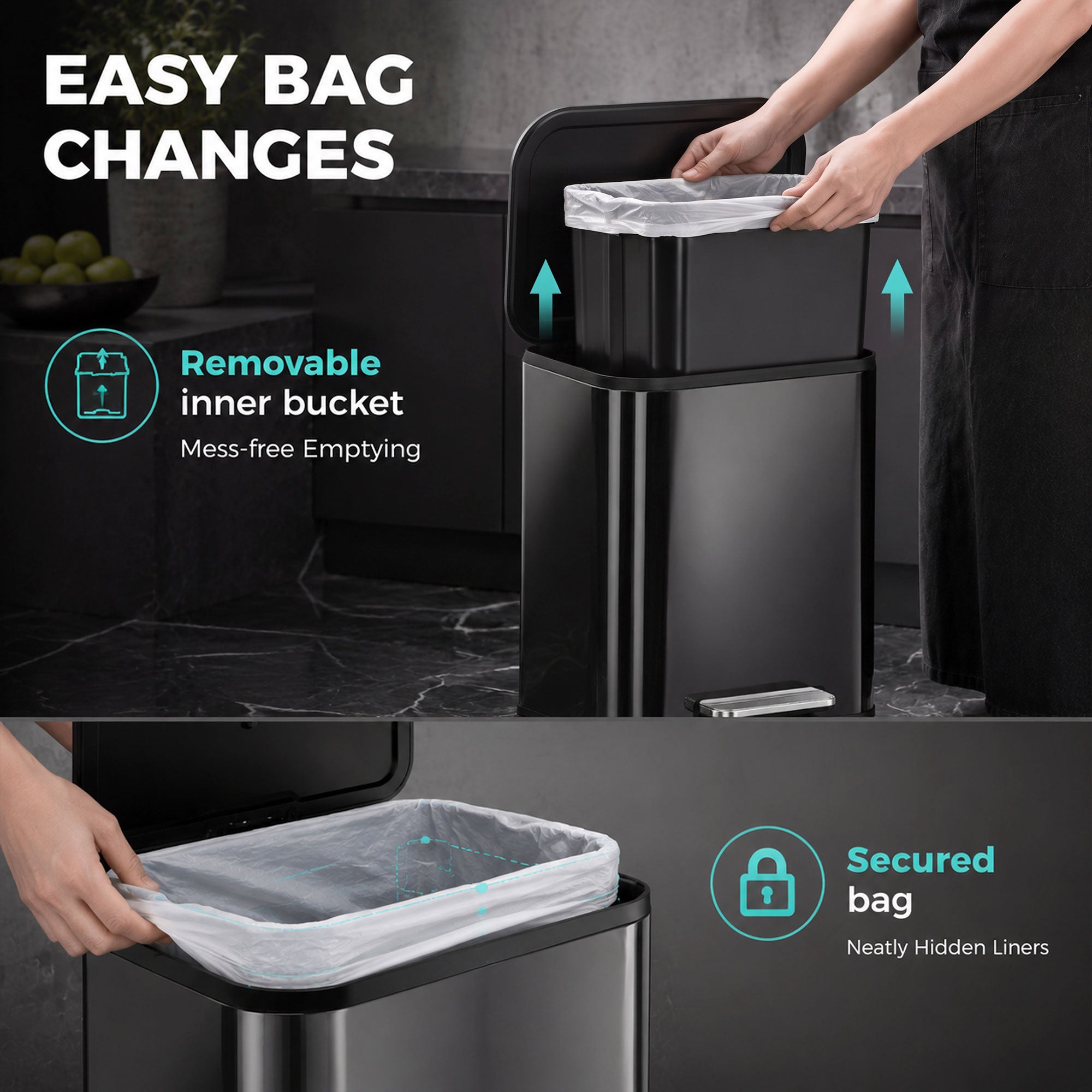 HOMCOM 50L Kitchen Bin, Metal Pedal Rubbish Bin with Soft Close and Stay-Open Lid, Removable Inner Bucket, High Gloss Black