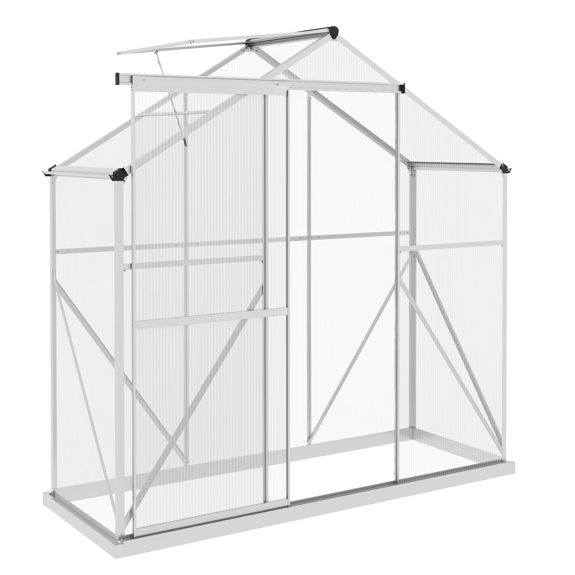 Outsunny 6 x 2.5ft Polycarbonate Greenhouse Walk-In Green House with Rain Gutter, Sliding Door, Window, Foundation, Silver - North Peak Garden Furniture