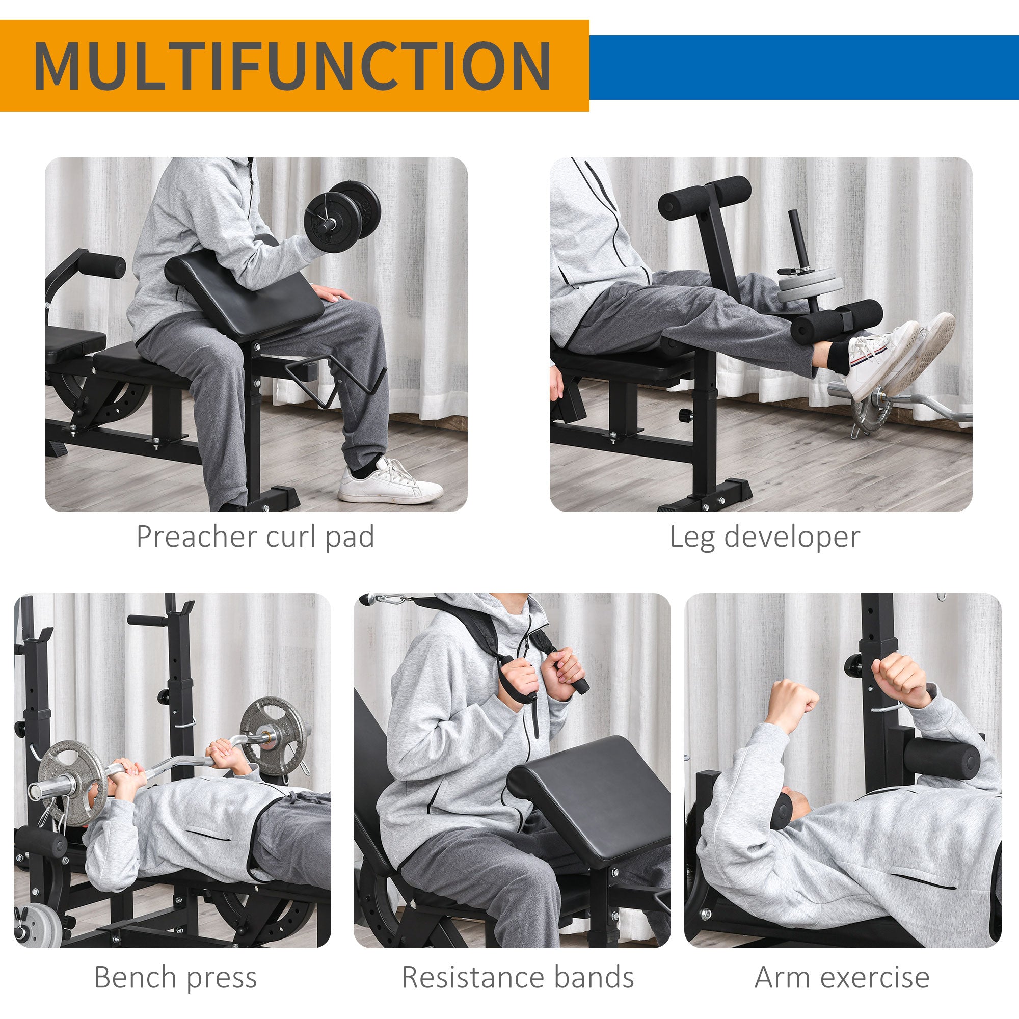 HOMCOM Multi-Exercise Full-Body Weight Rack with Bench Press, Leg Extension, Chest Fly Resistance Band & Preacher Curl - North Peak Garden Furniture
