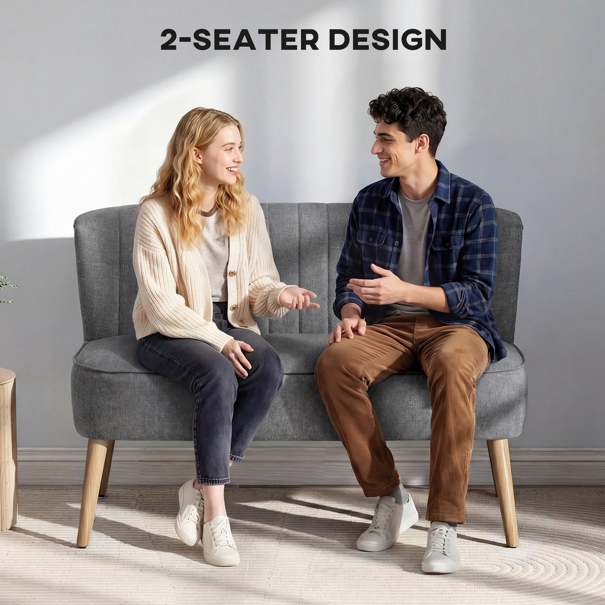 HOMCOM 46" Loveseat Sofa Upholstered Small 2 Seater Sofa with Thick Padded Seat and Rubber Wood Legs, Grey