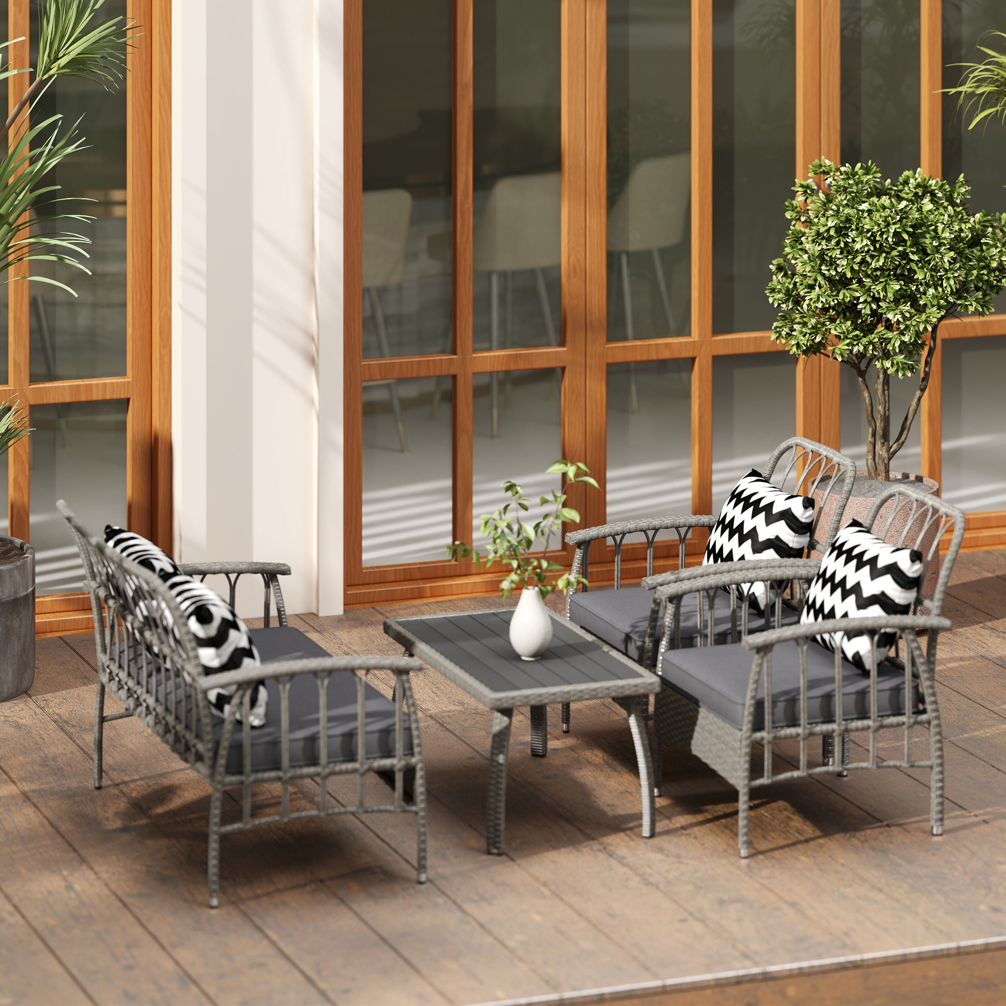 Outsunny Four-Piece Rattan Cut-Out Sofa Set - Grey - North Peak Garden Furniture