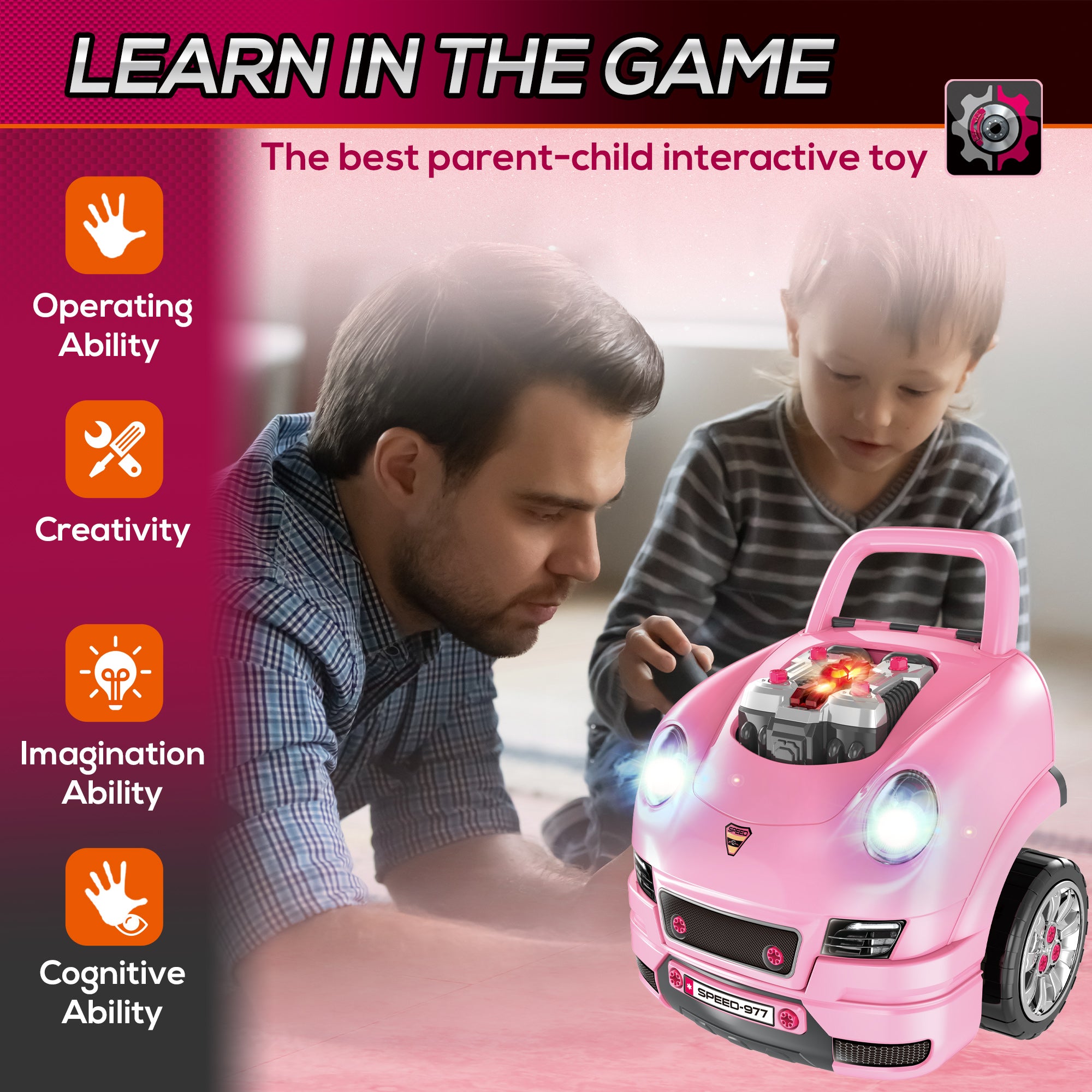 HOMCOM Kids Truck Engine Toy Set, with Horn, Light, Car Key, for Ages 3-5 Years - Pink - North Peak Garden Furniture