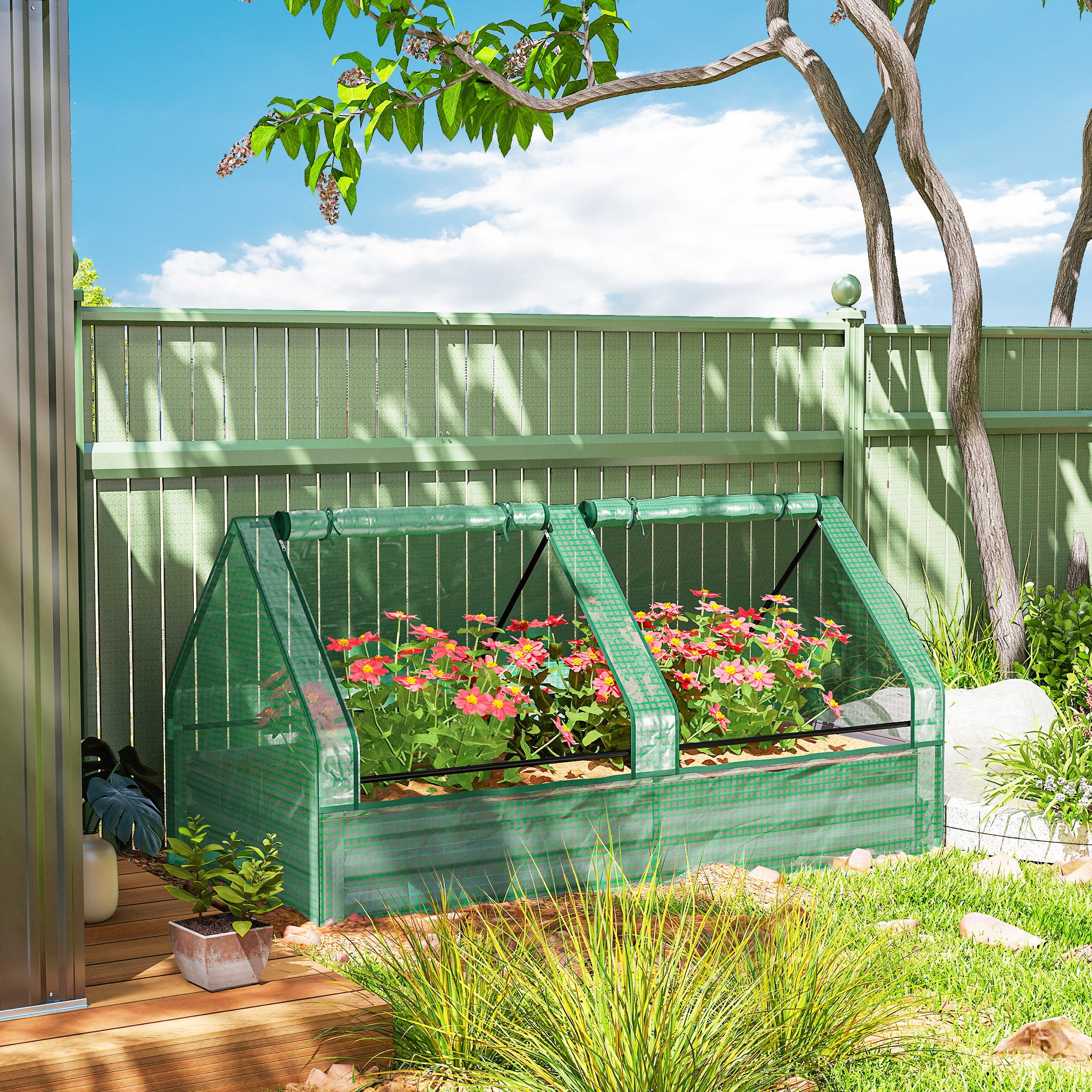 Outsunny Metal Planter Box with Cover, Raised Garden Bed with Greenhouse, for Herbs and Vegetables, Green and Dark Grey