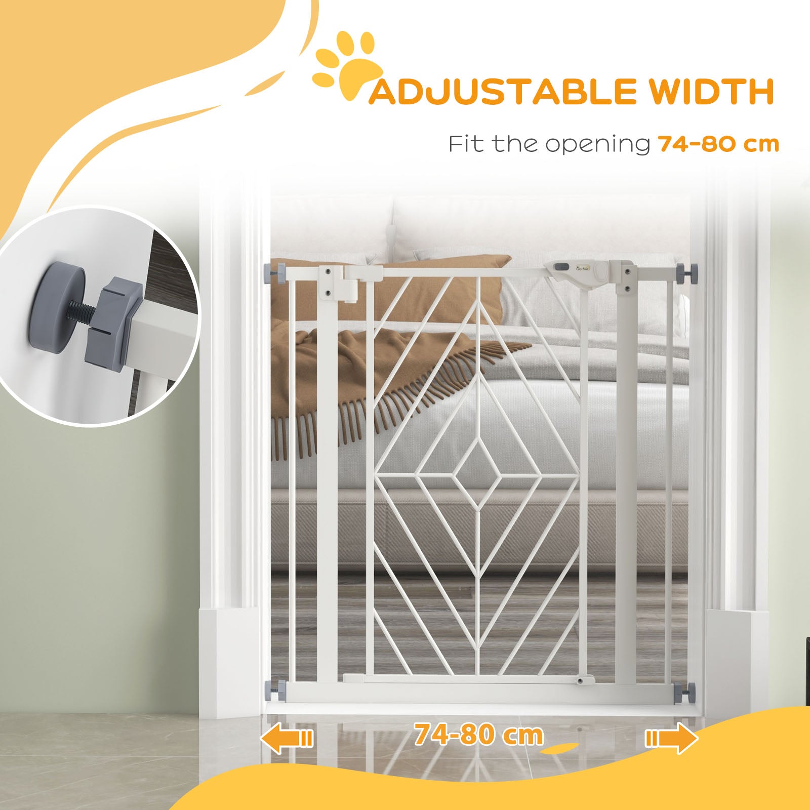 PawHut Pressure Fit Stair Gate, Dog Gate, with Auto Closing Door, Double Locking, Easy Installation, Openings 74-80cm - White - North Peak Garden Furniture