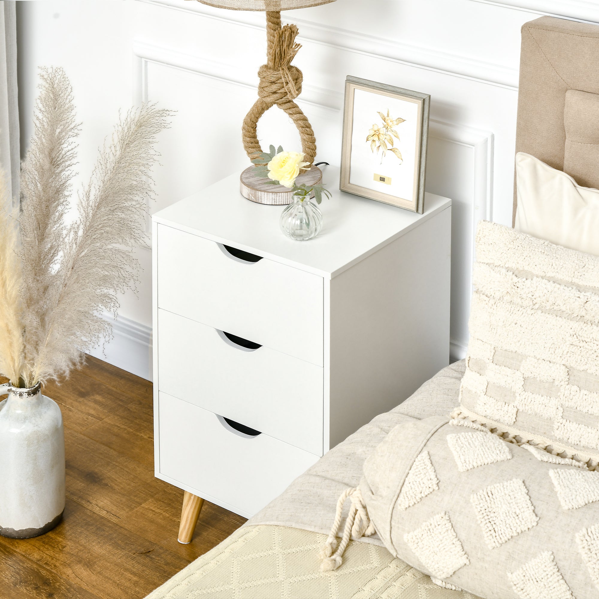 HOMCOM Bedside Table, Bedside Cabinet with 3 Drawers, Small Side Table with Wood Legs and Cut-out Handles for Bedroom, White - North Peak Garden Furniture