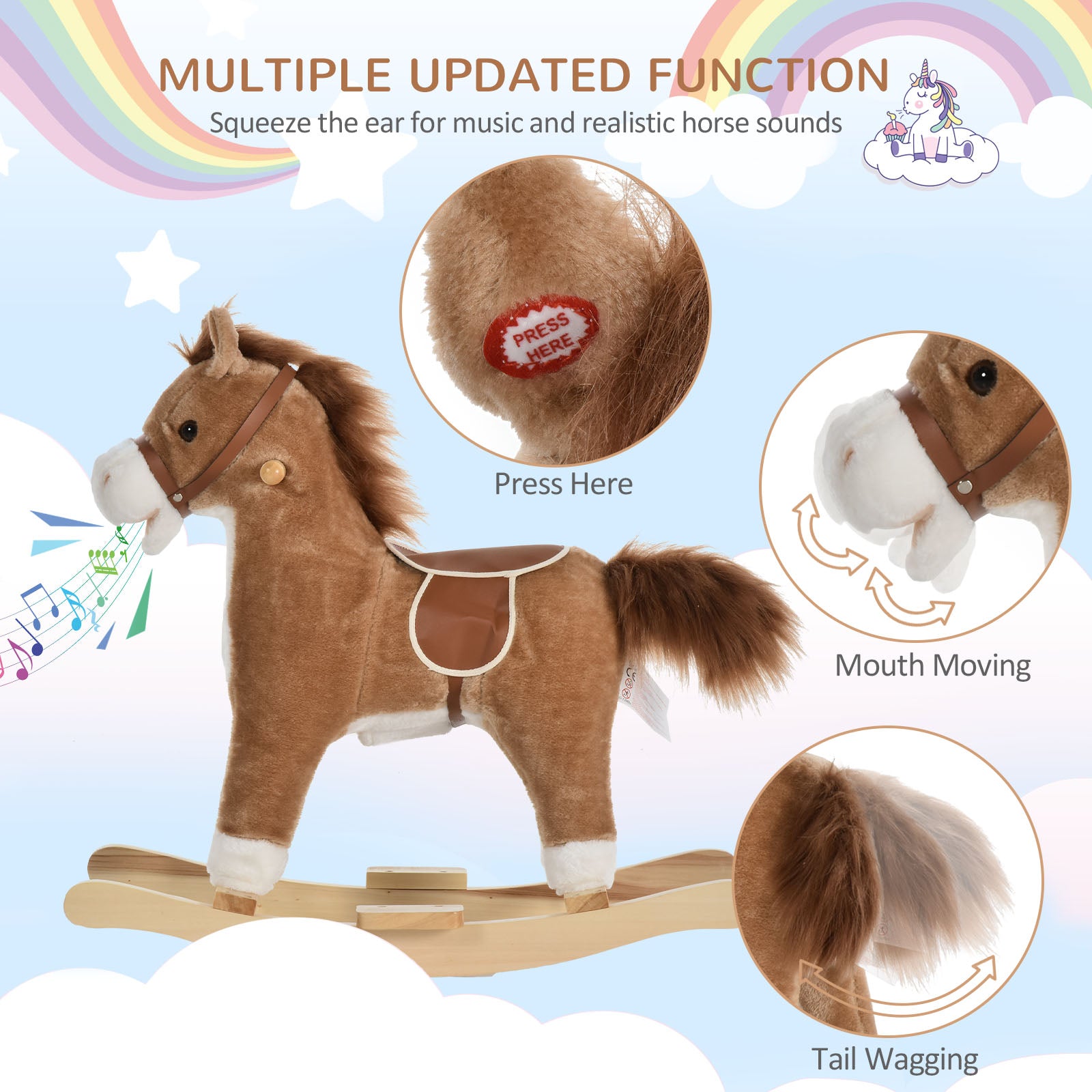 HOMCOM Kids Plush Rocking Horse w/ Sound Moving Mouth Wagging Tail Children Rocker Ride On Toy Gift 3-6 Years Brown - North Peak Garden Furniture