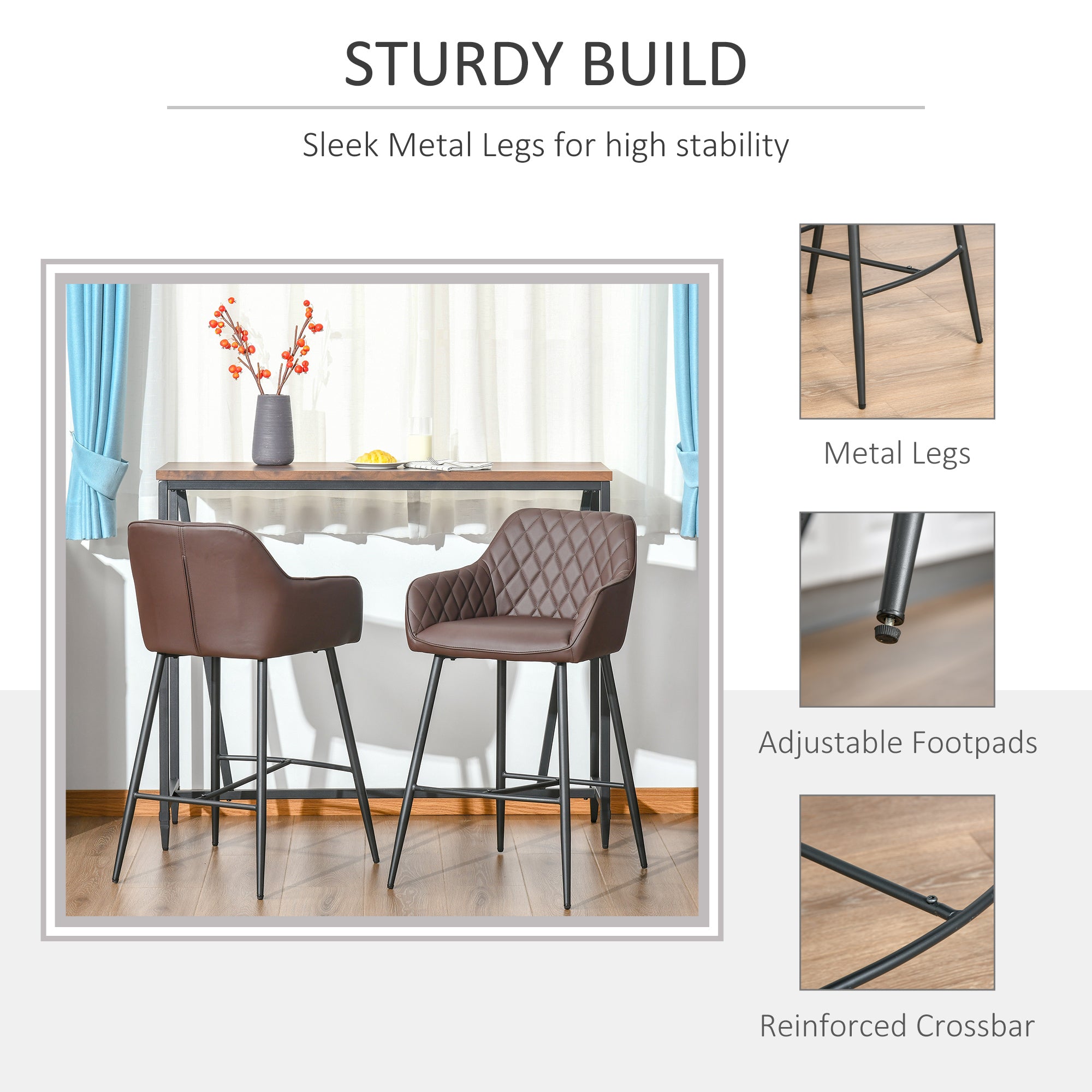 HOMCOM Set of 2 Bar stools Retro PU Leather Bar Chairs w/ Footrest Metal Frame Comfort Support Stylish Dining Seating Home Brown - North Peak Garden Furniture