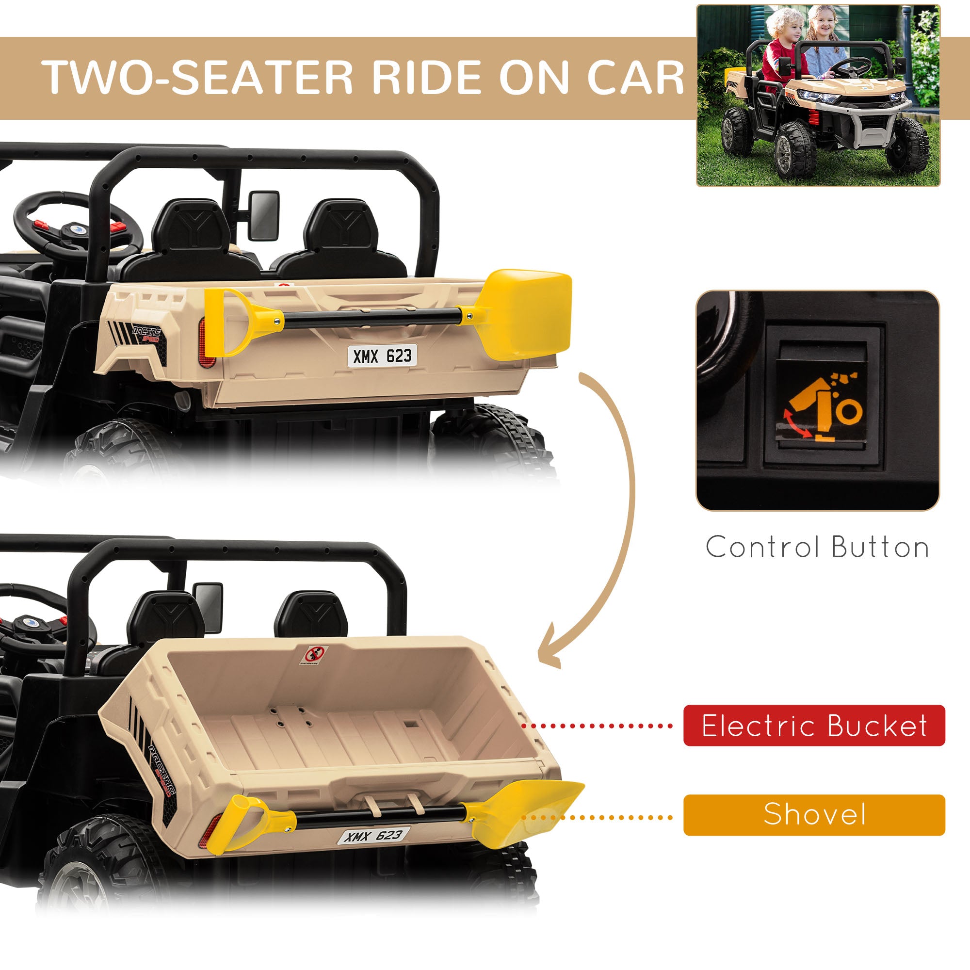 HOMCOM 12V 2 Seater Kids Electric Ride-On Car with Electric Bucket, Remote Control - Yellow - North Peak Garden Furniture